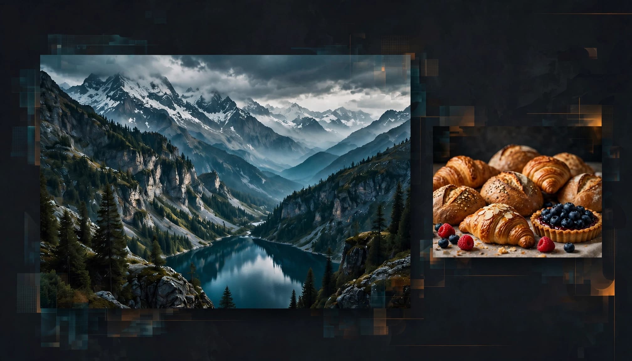 A mountain landscape photo beside a smaller bakery product photo on a dark background.