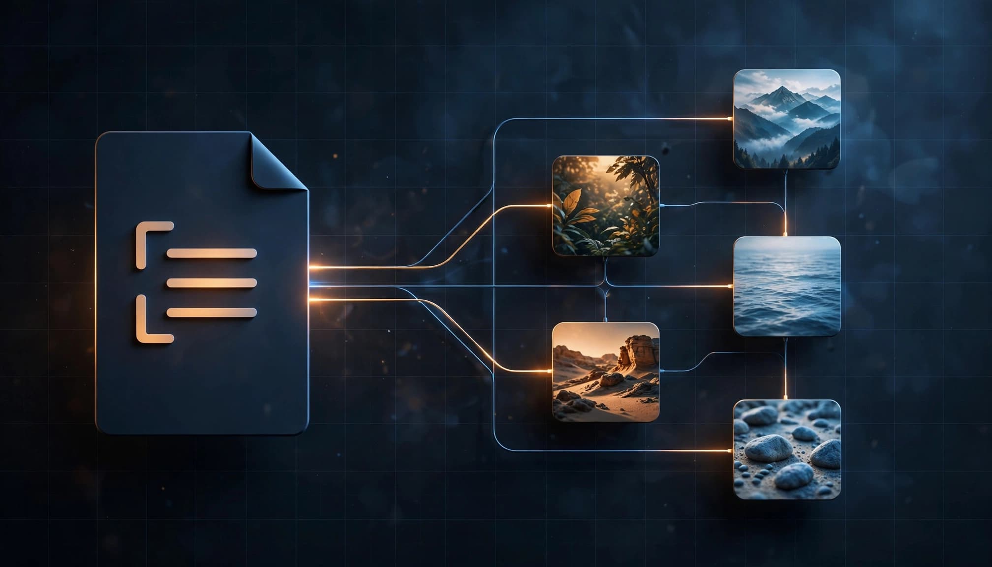 Five image tiles flow toward a single document icon on a dark grid.