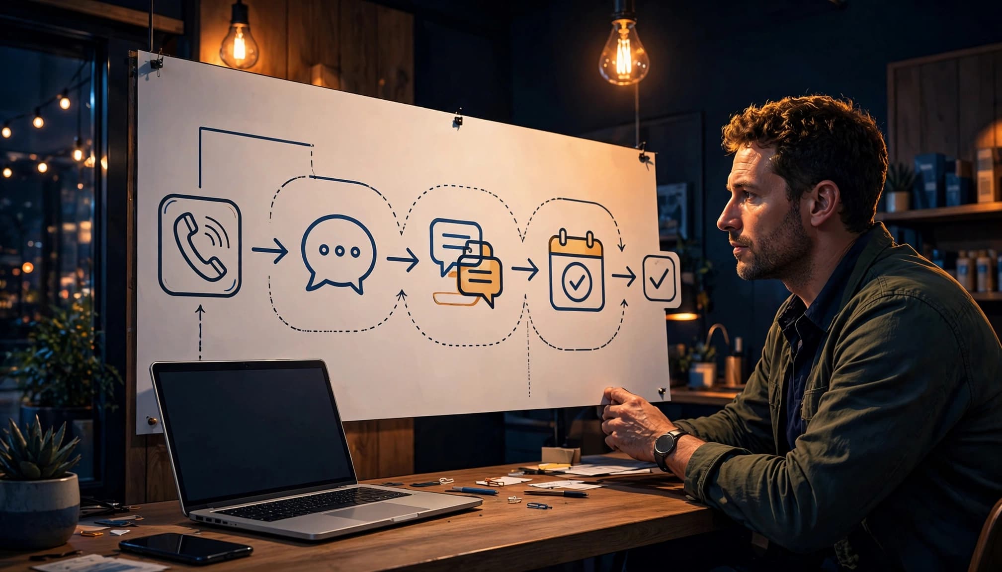 Business owner reviews a workflow board showing phone, chat, SMS, and booking channels.