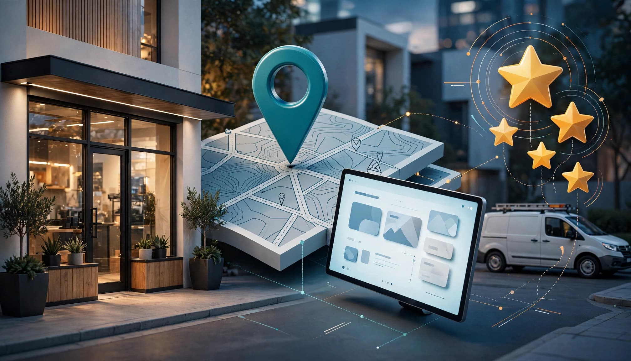 Storefront, map pin, website screen, and review stars on a modern neighborhood street.