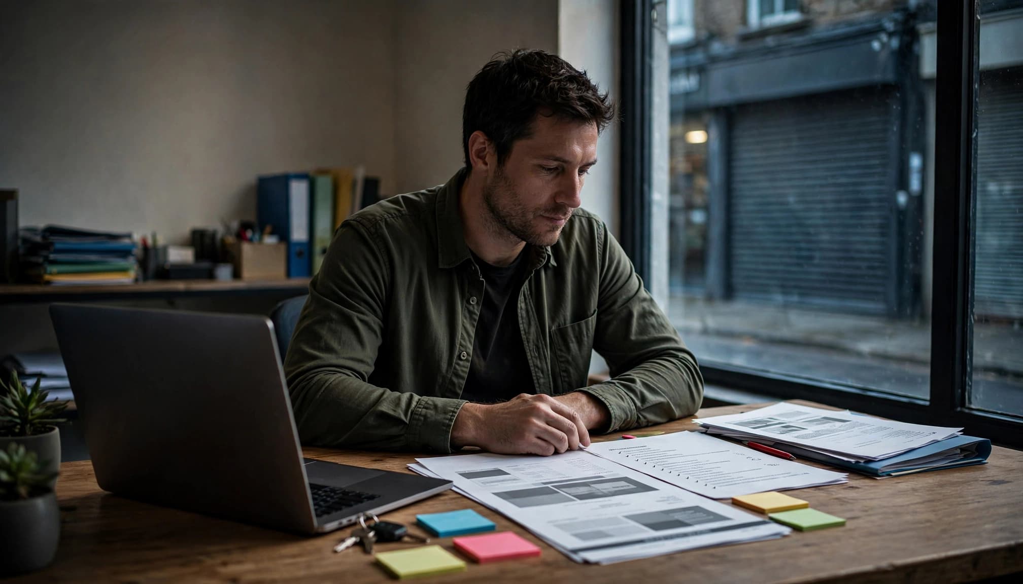 Business owner reviewing reopening papers beside a laptop and phone.