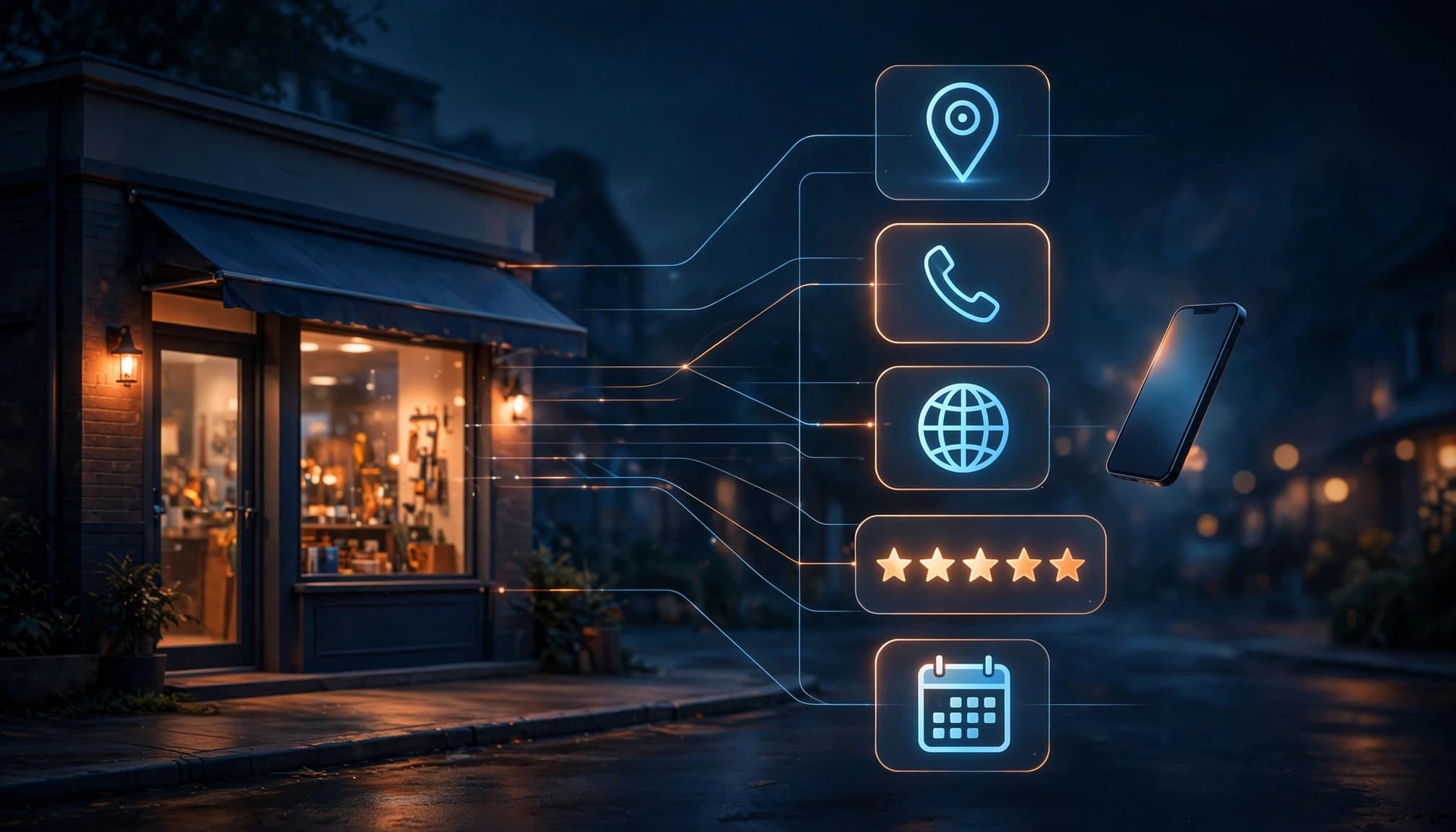 A neighborhood storefront connects to map, phone, website, review, and booking symbols.