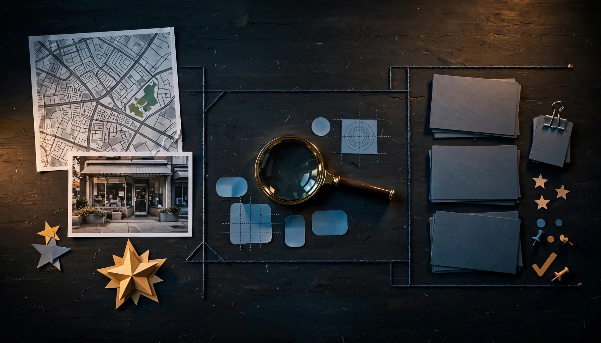 Flat lay of a storefront photo, map, review icon, citation cards, and magnifying glass.