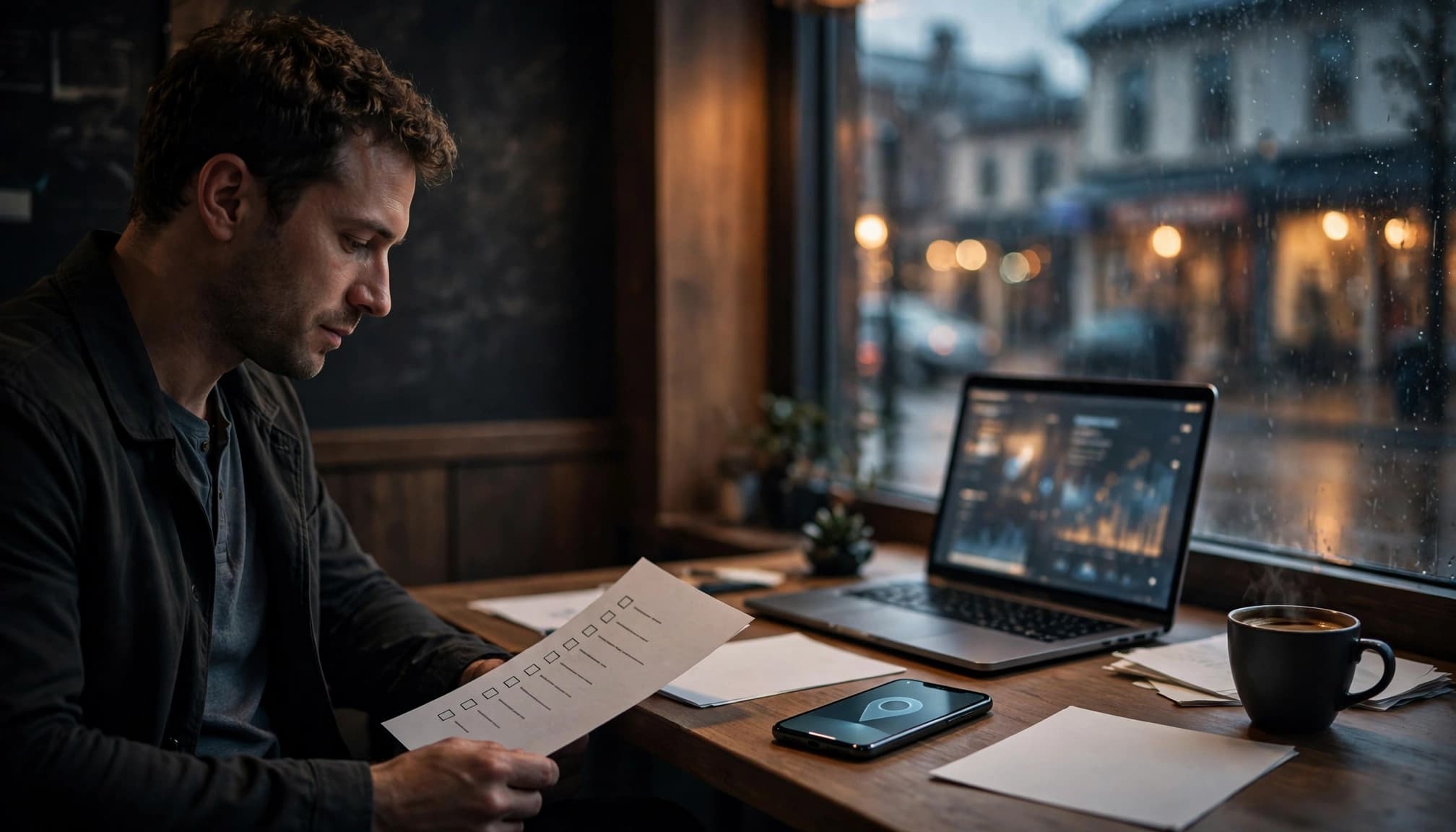 Business owner reviewing papers beside a phone and laptop in a storefront office.