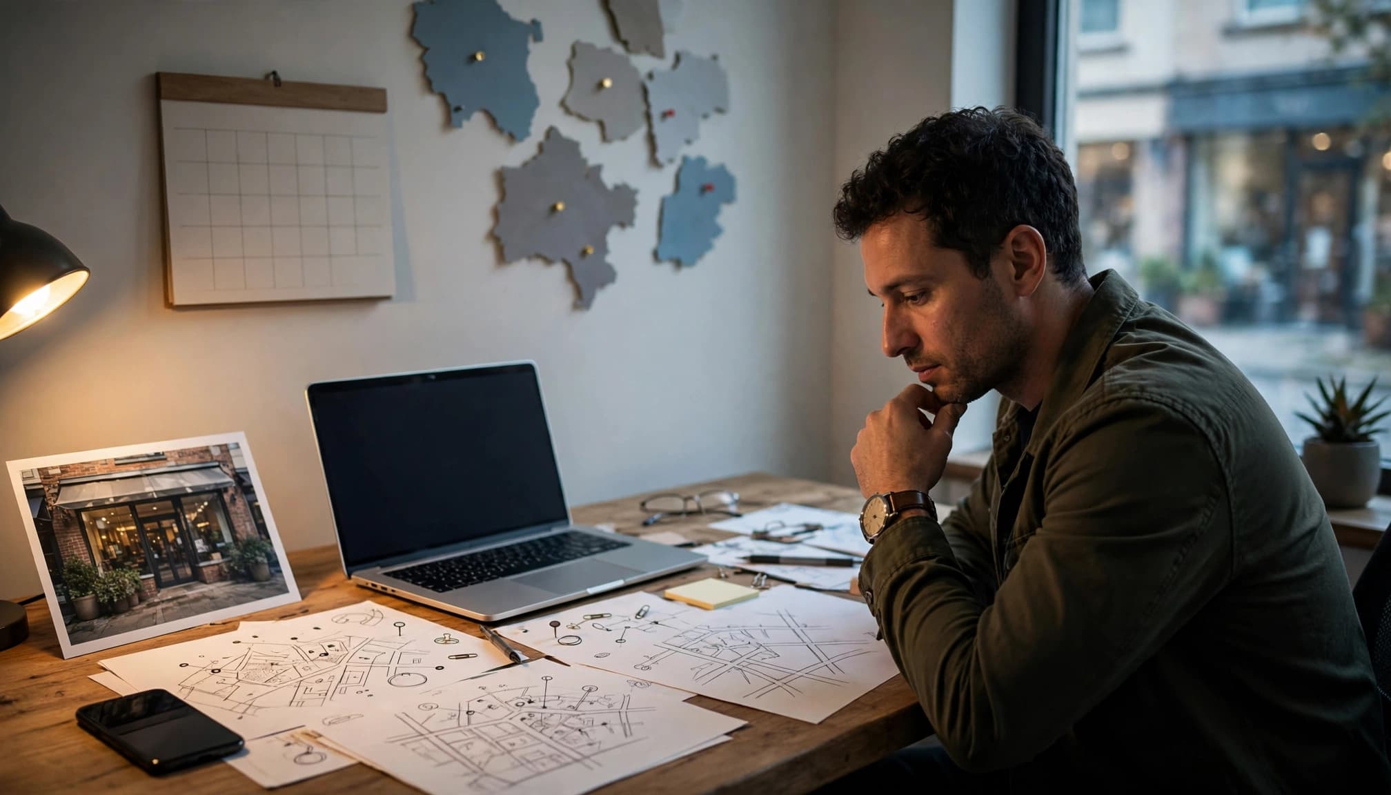 Business owner reviewing a local SEO plan beside a laptop, storefront photo, and phone.