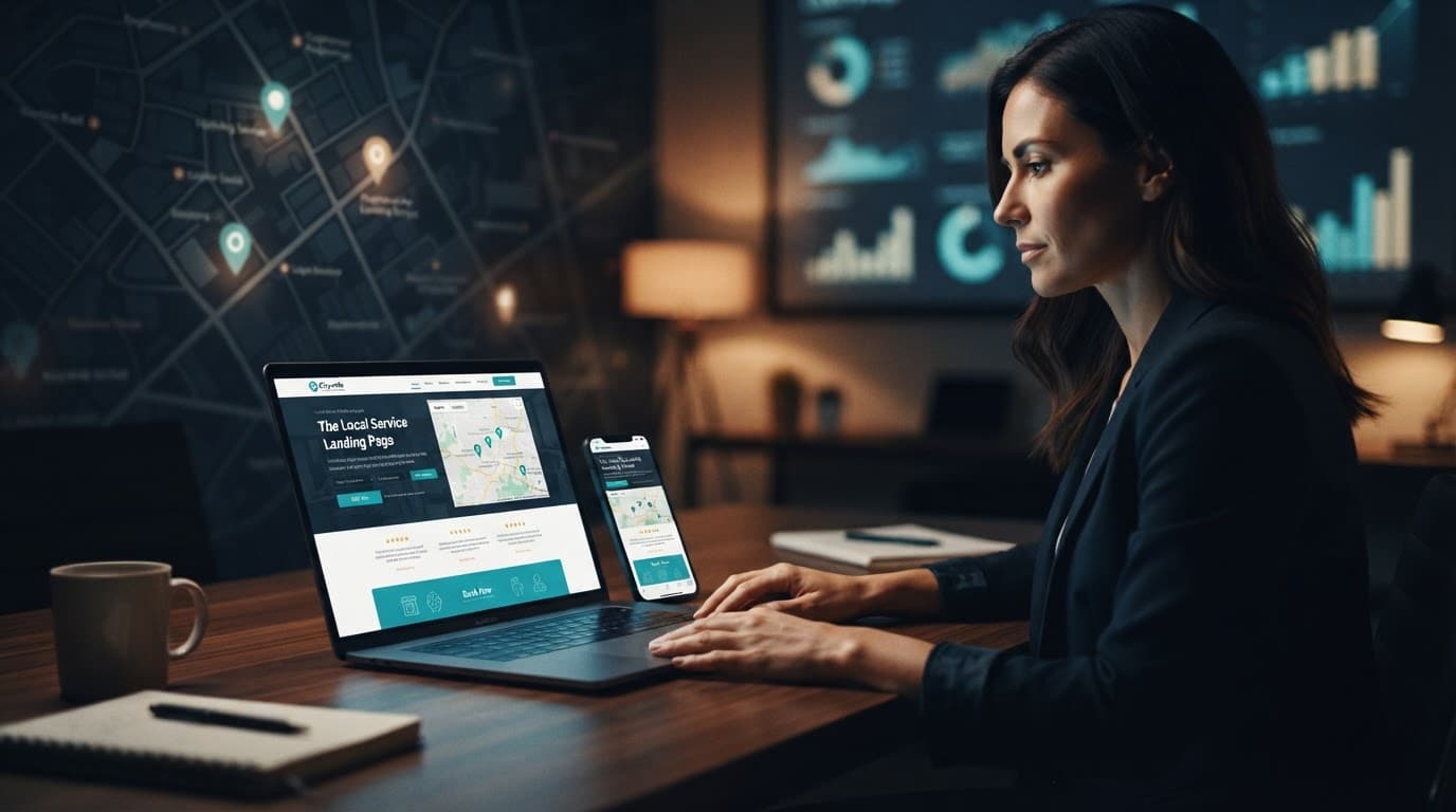Marketer reviewing a service page on a laptop beside a phone at a modern desk.