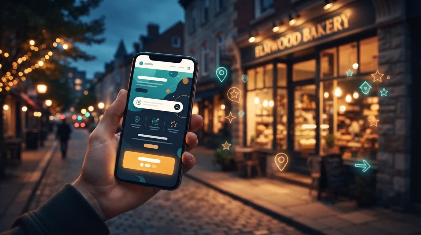 A smartphone showing an unreadable page outside a blurred neighborhood storefront.