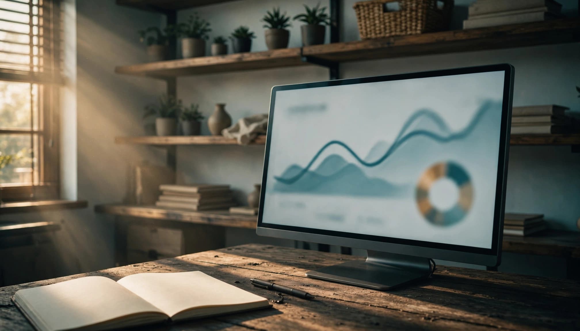 A monitor showing a traffic chart sits behind a notebook and pen in a softly lit workspace.