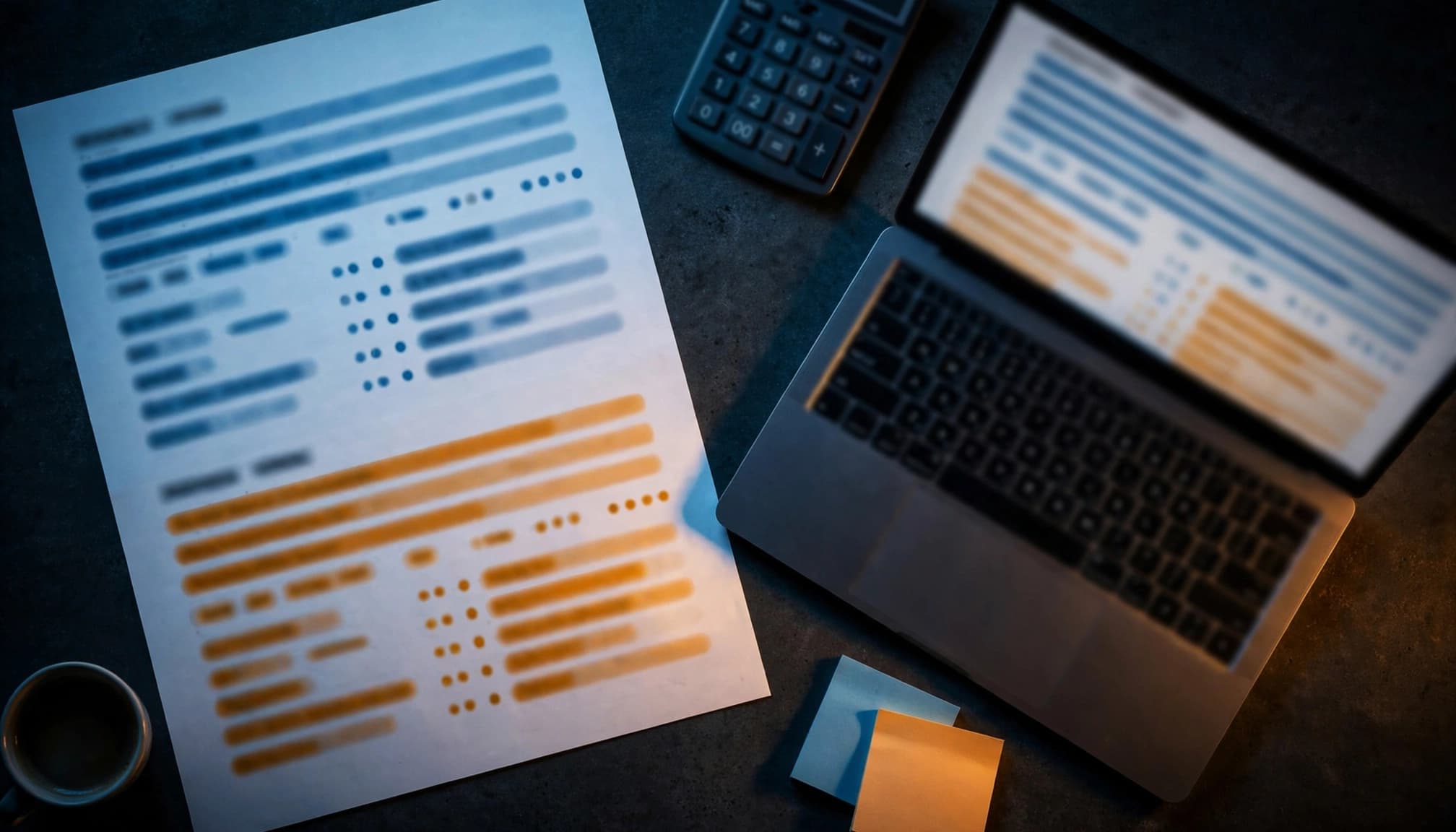Worksheet beside a laptop with separated query groups, calculator, sticky notes, and coffee.
