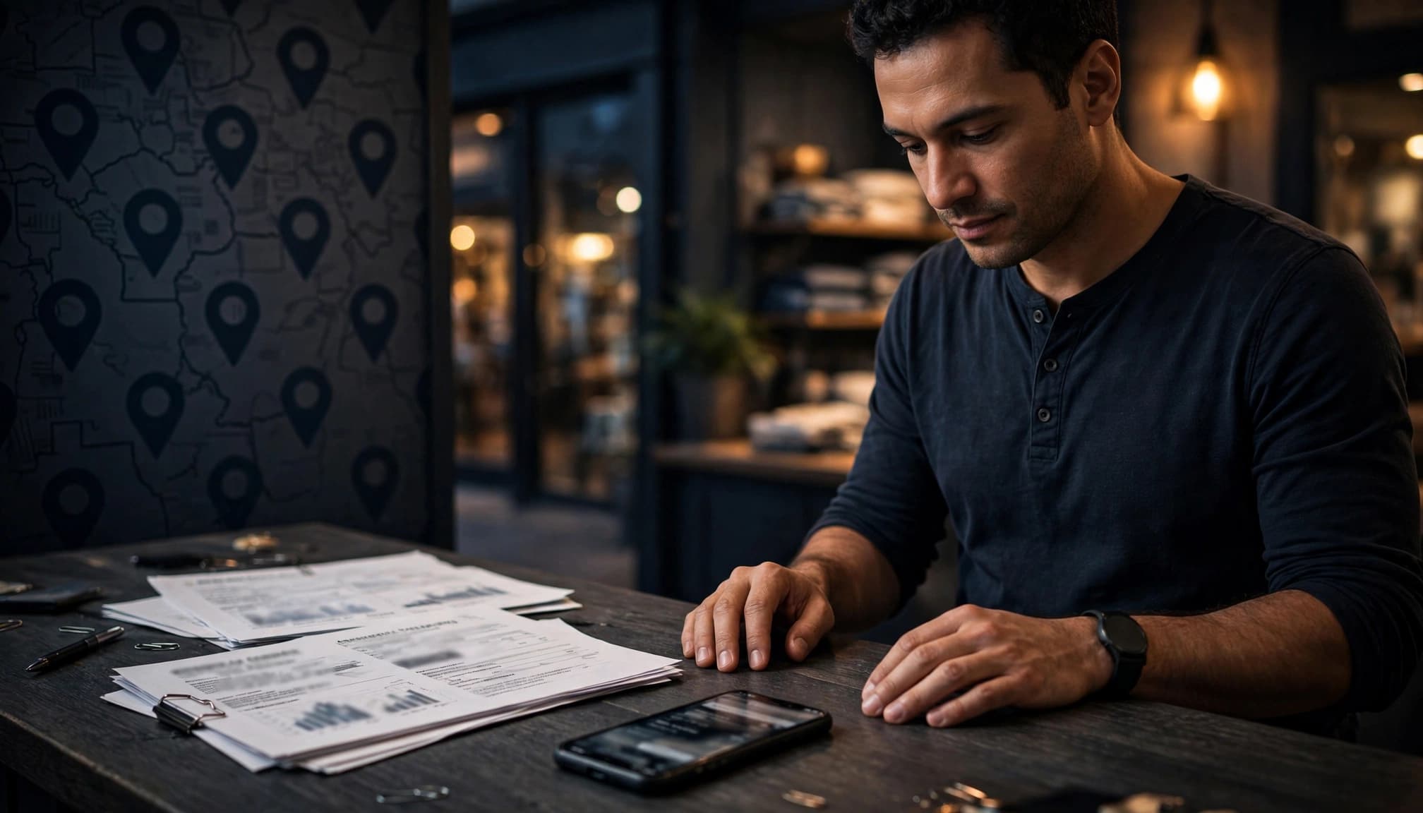 Business owner reviews a smartphone beside printed documents at a storefront counter.