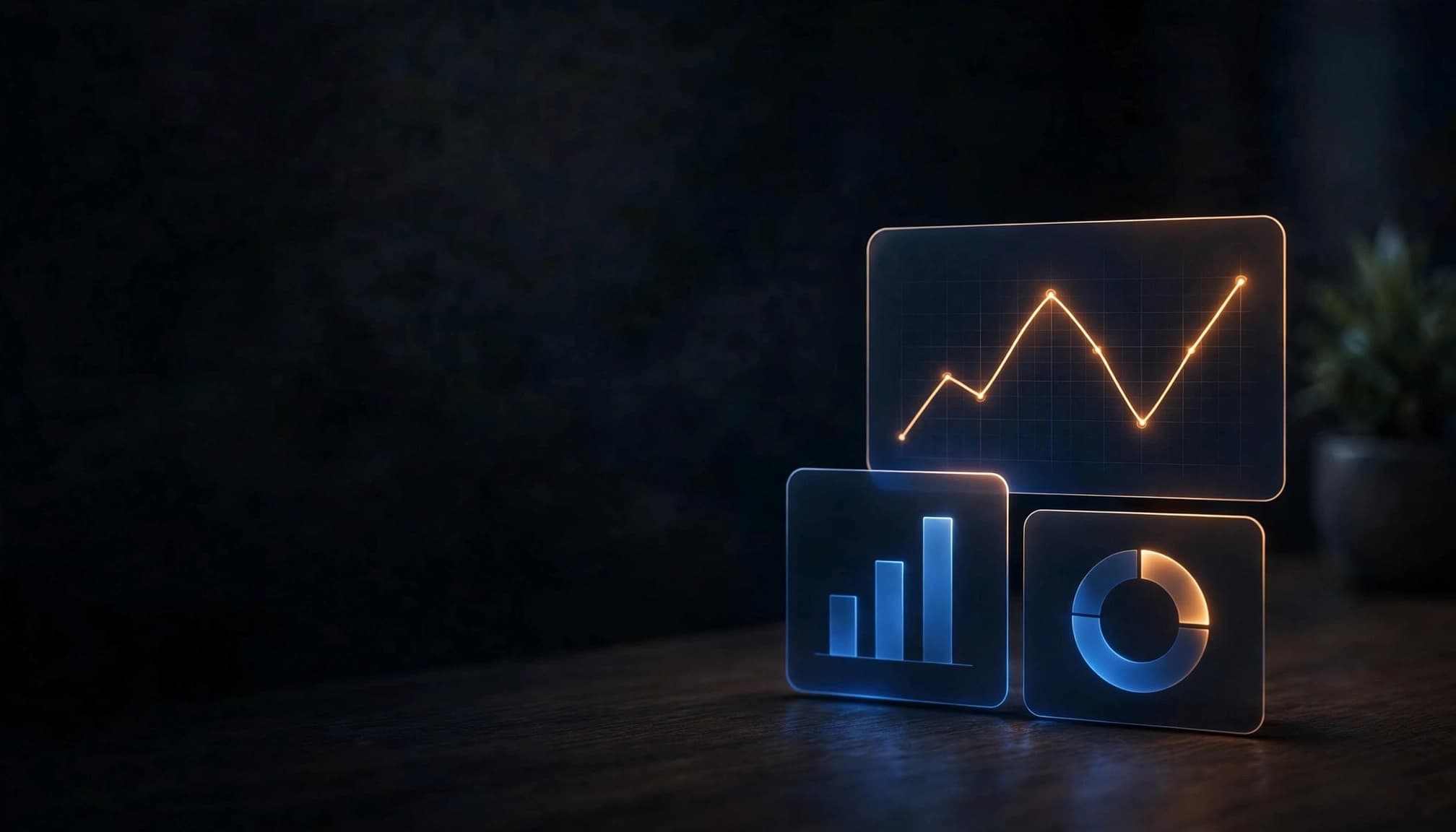 Glowing chart cards and a trend line on a tabletop beside a distant plant.