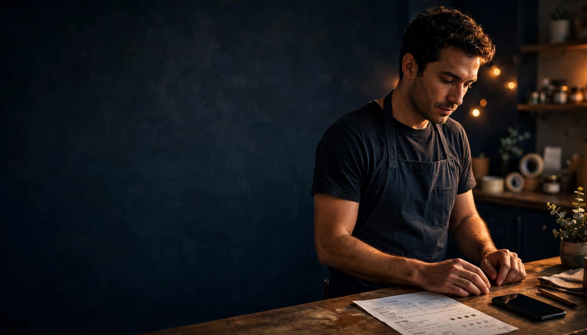 Business owner reviewing a receipt beside a smartphone at a warmly lit counter.