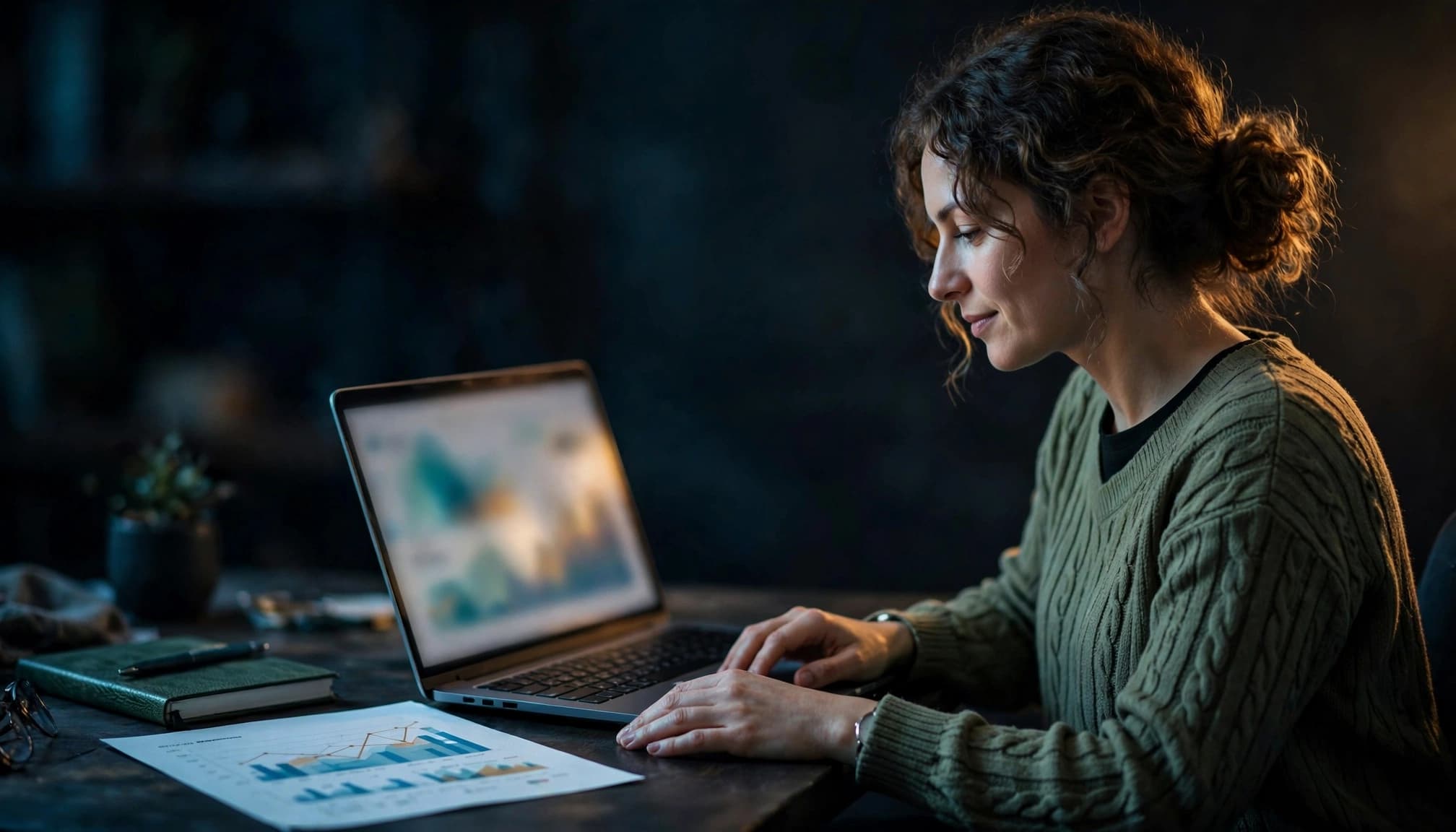 A business owner reviews SEO data on a laptop beside a printed chart and notebook.