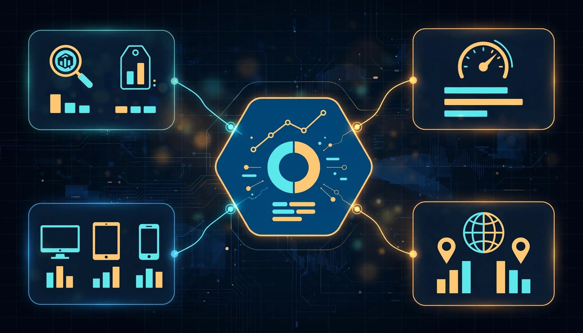 Four SEO data panels connect to a central report on a dark workspace.