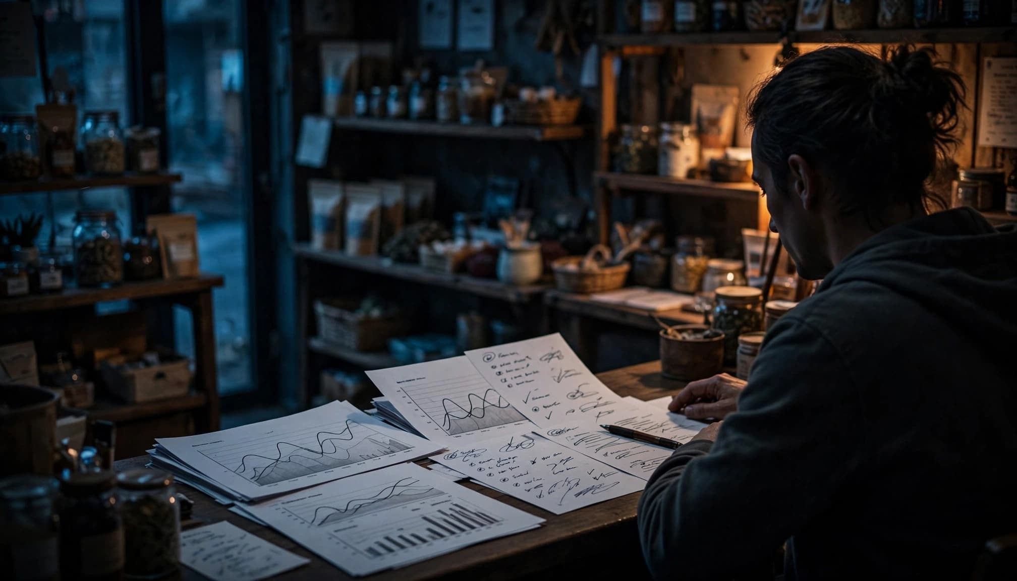 A shop owner reviews printed charts and notes at a counter.