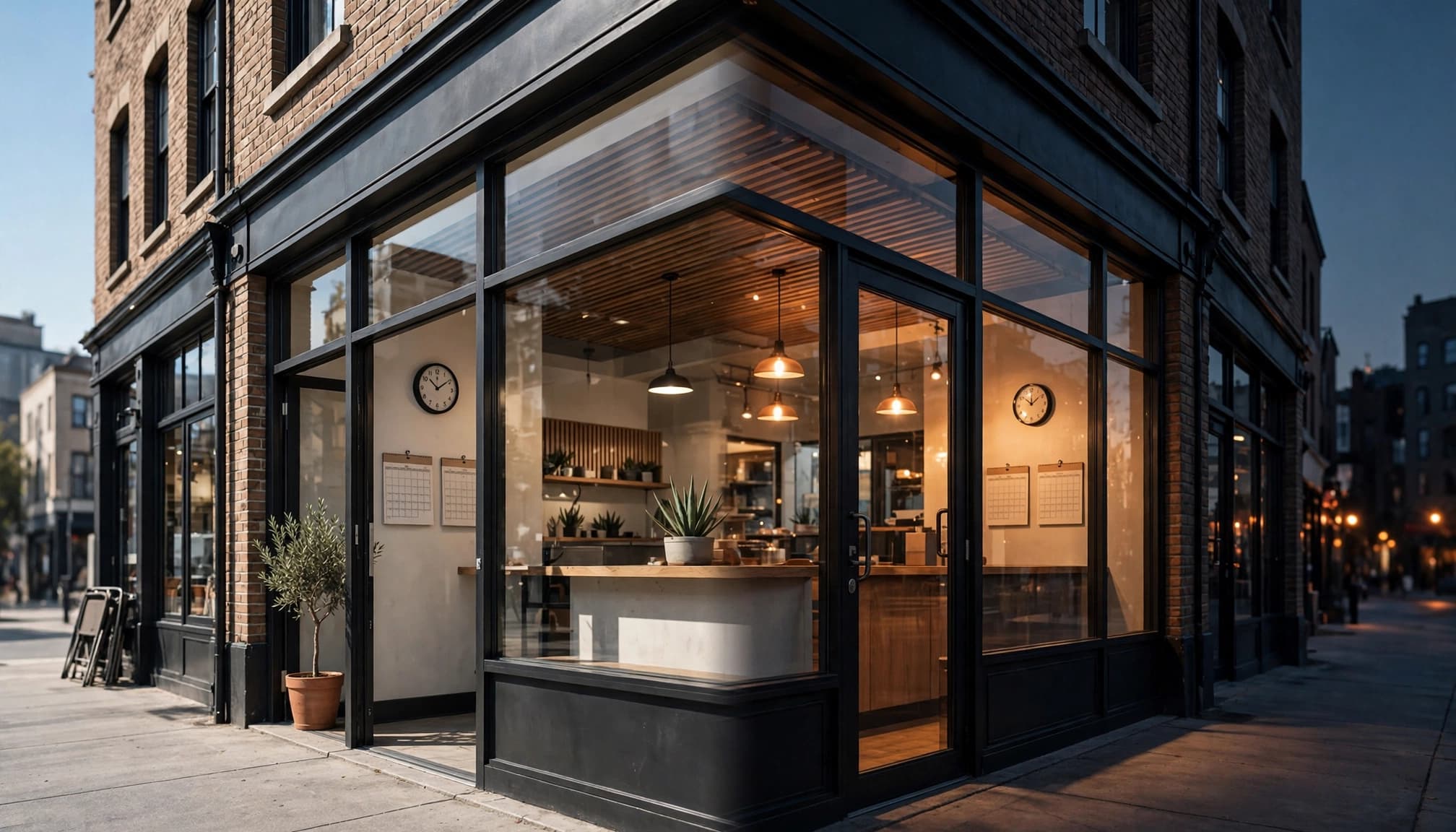 Restaurant storefront showing separate midday and evening operating periods.