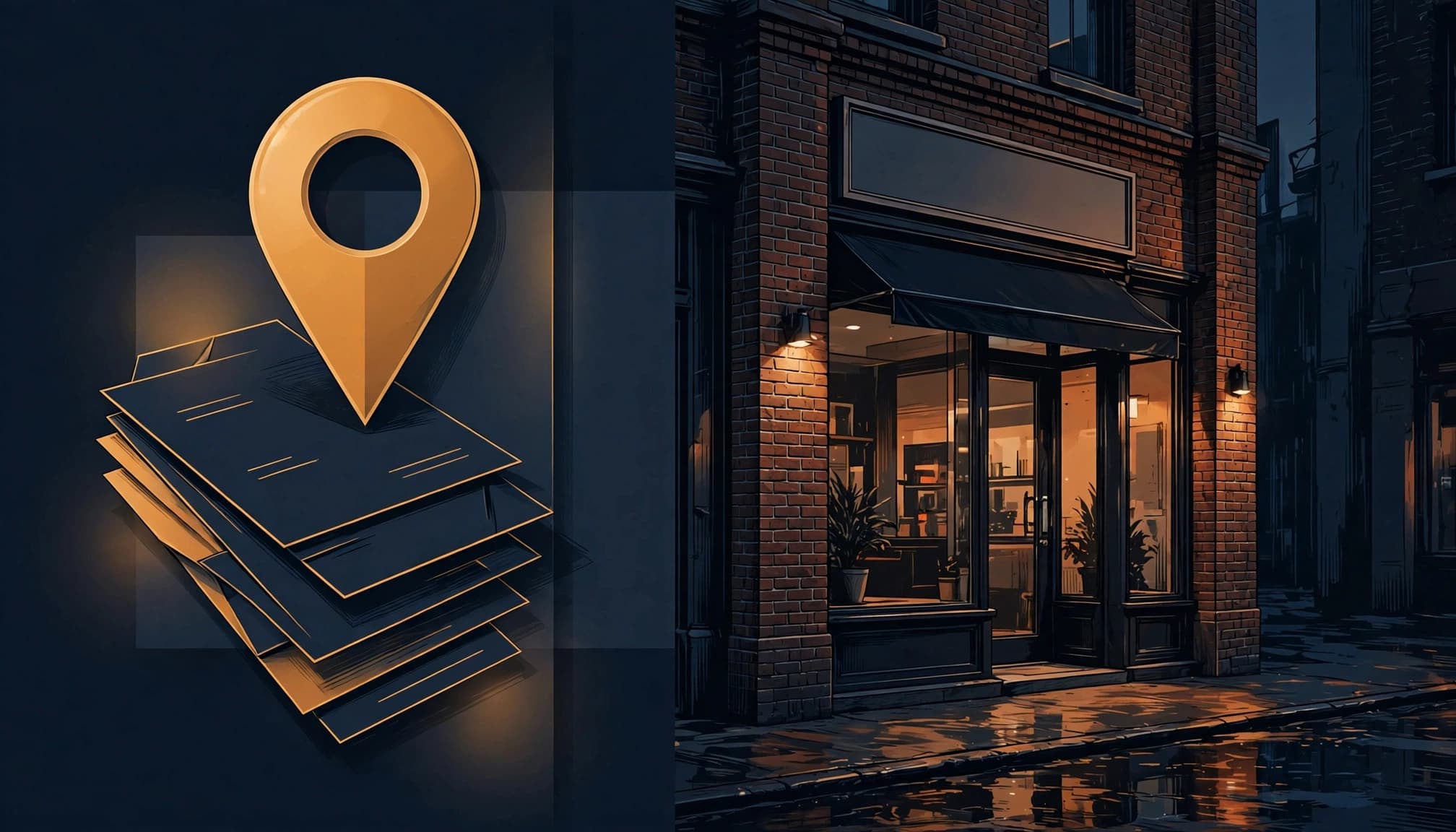A brick storefront beside an abstract blue map pin at dusk.