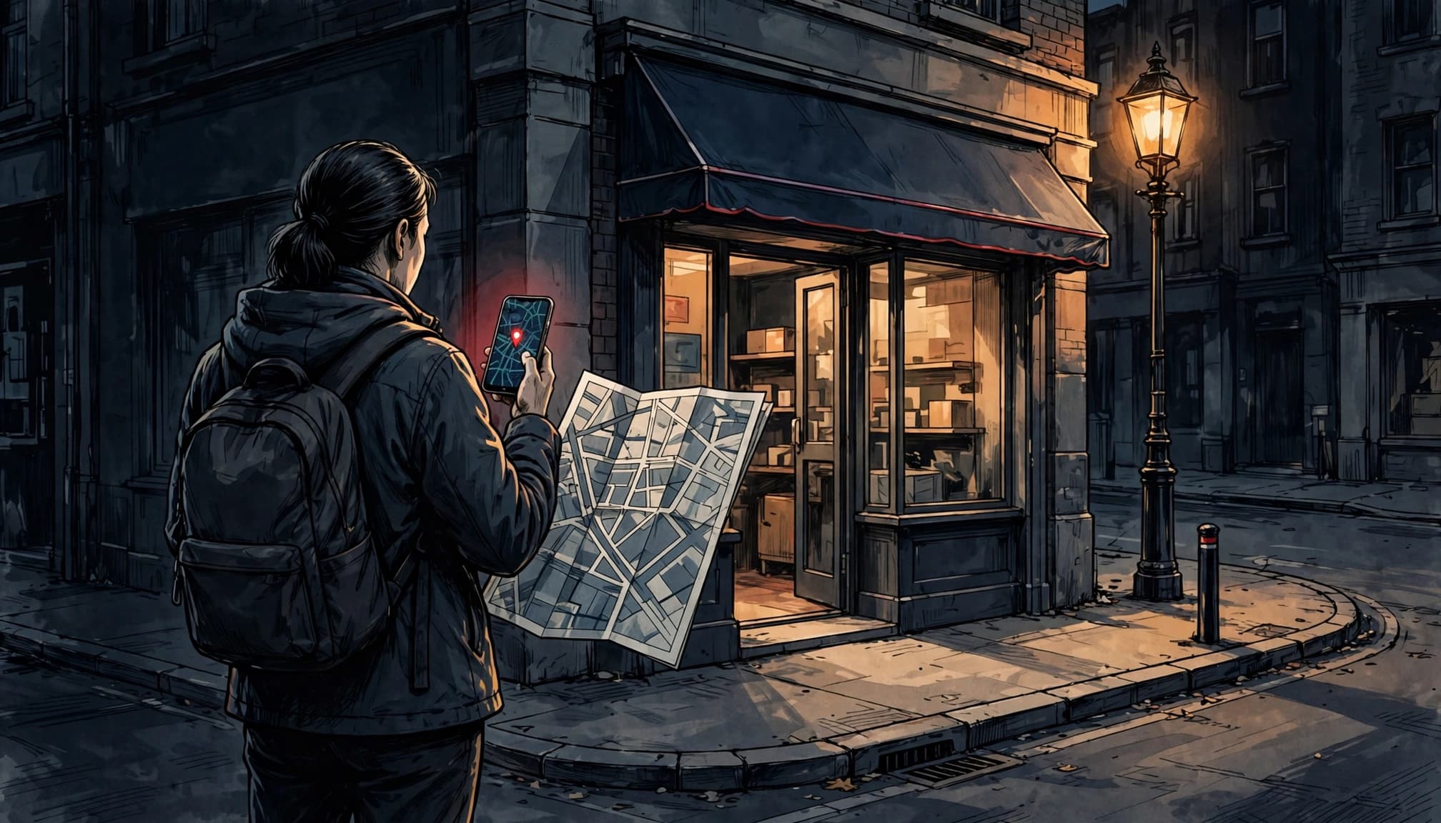 A person compares a folded street map and smartphone outside a neighborhood shop.