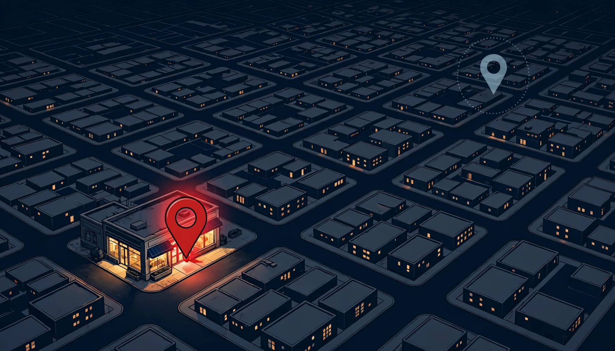 A red marker points to a storefront entrance, with a faint pin several blocks away.
