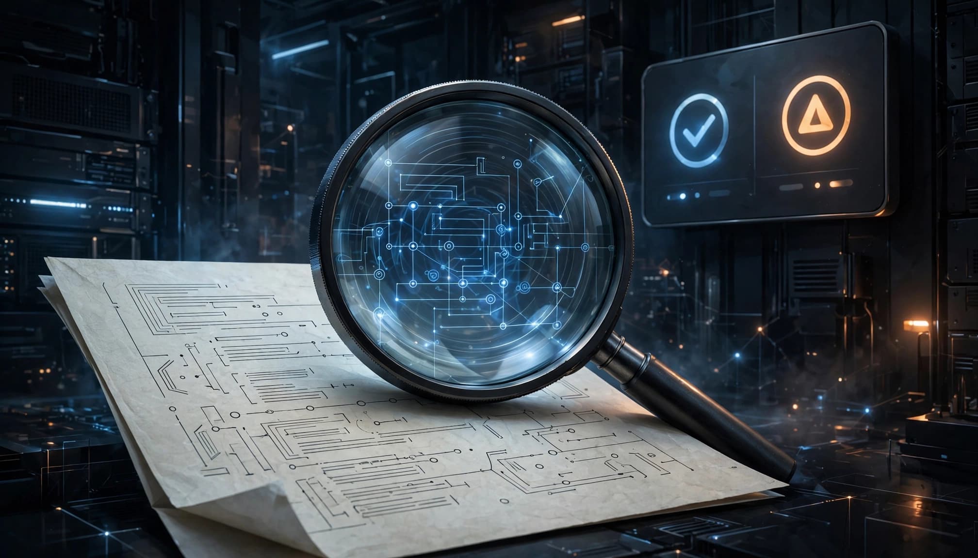 A magnifying glass examines an XML document beside a panel with check and alert icons.