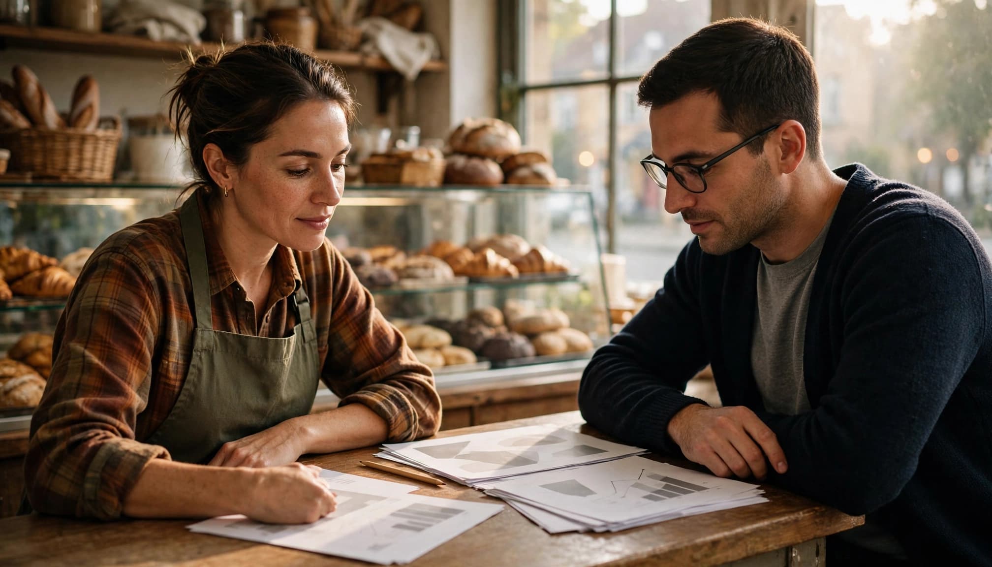 A bakery owner and SEO consultant review printed pages at the counter.