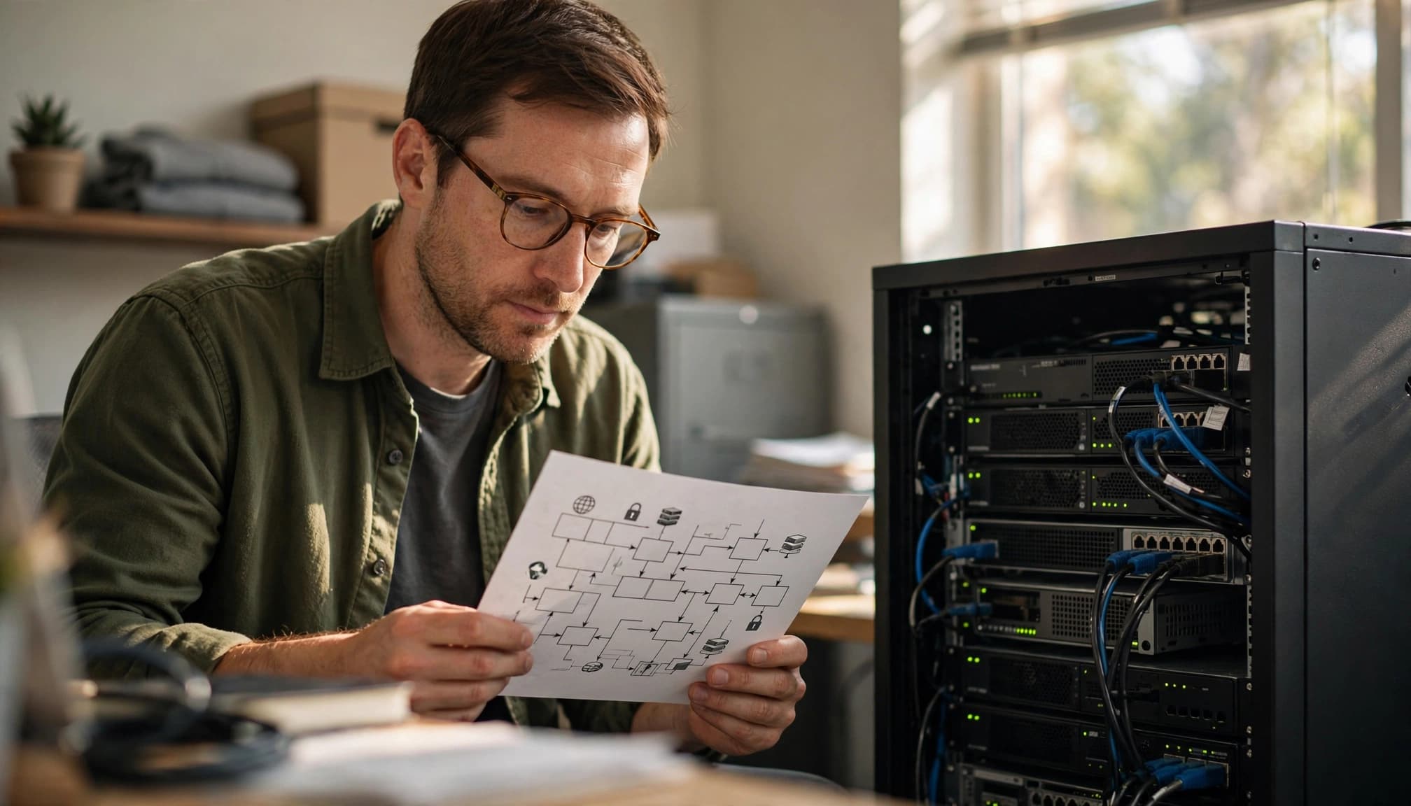 A man wearing glasses examines a printed flowchart next to a server rack in an office.
