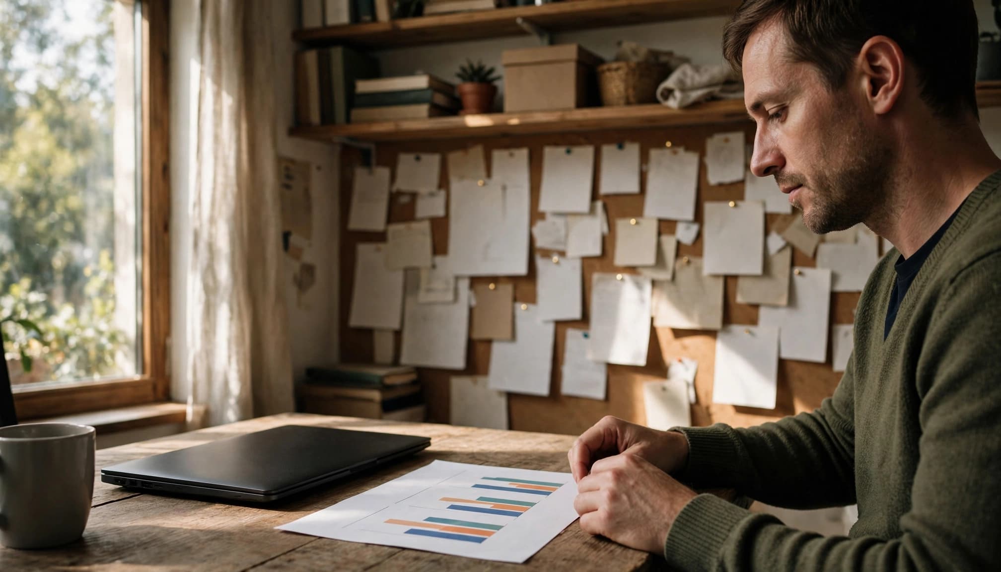 A man in profile reviews a printed chart at a desk with a closed laptop and mug.