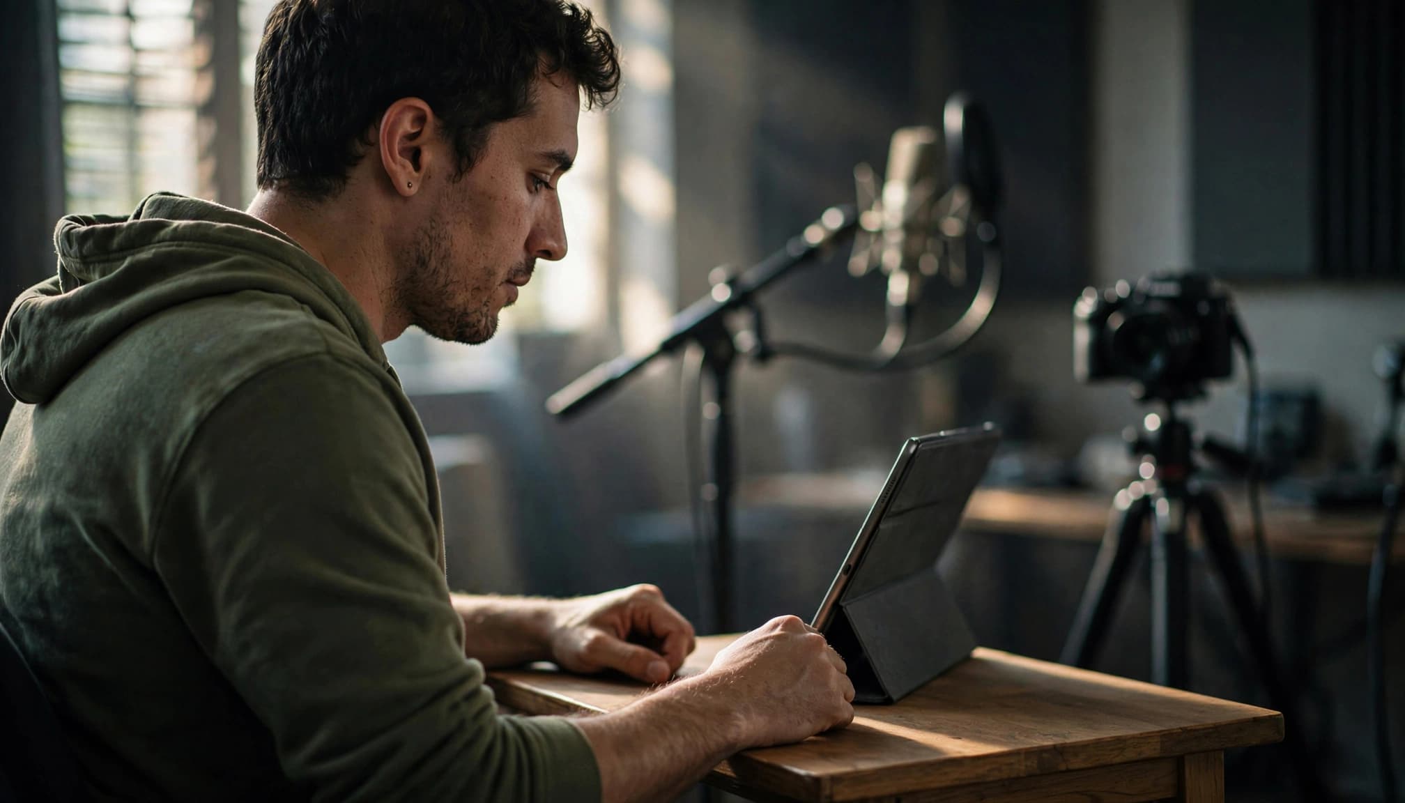 A man seated in profile looks at a tablet on a desk in a studio.