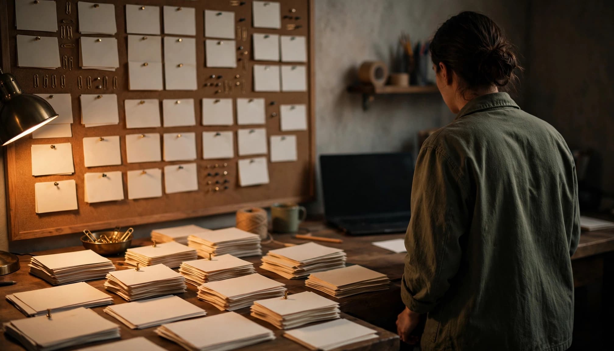 A support specialist sorts blank question cards beside a pinboard and closed laptop.