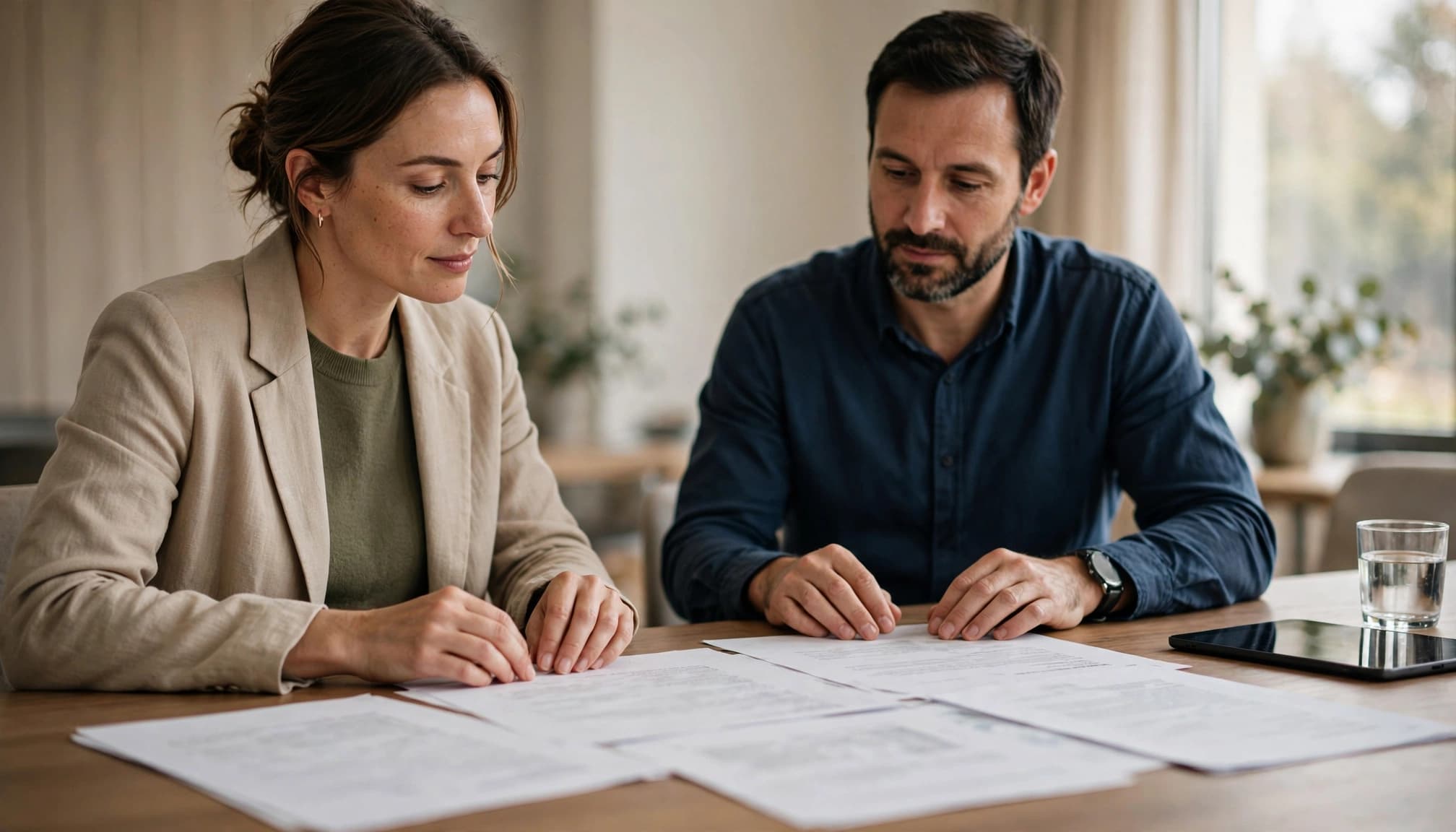 Two experts review printed pages at a conference table.