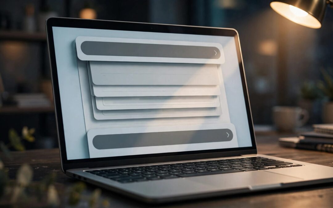 A laptop displays an expanded accordion panel on a softly lit desk.
