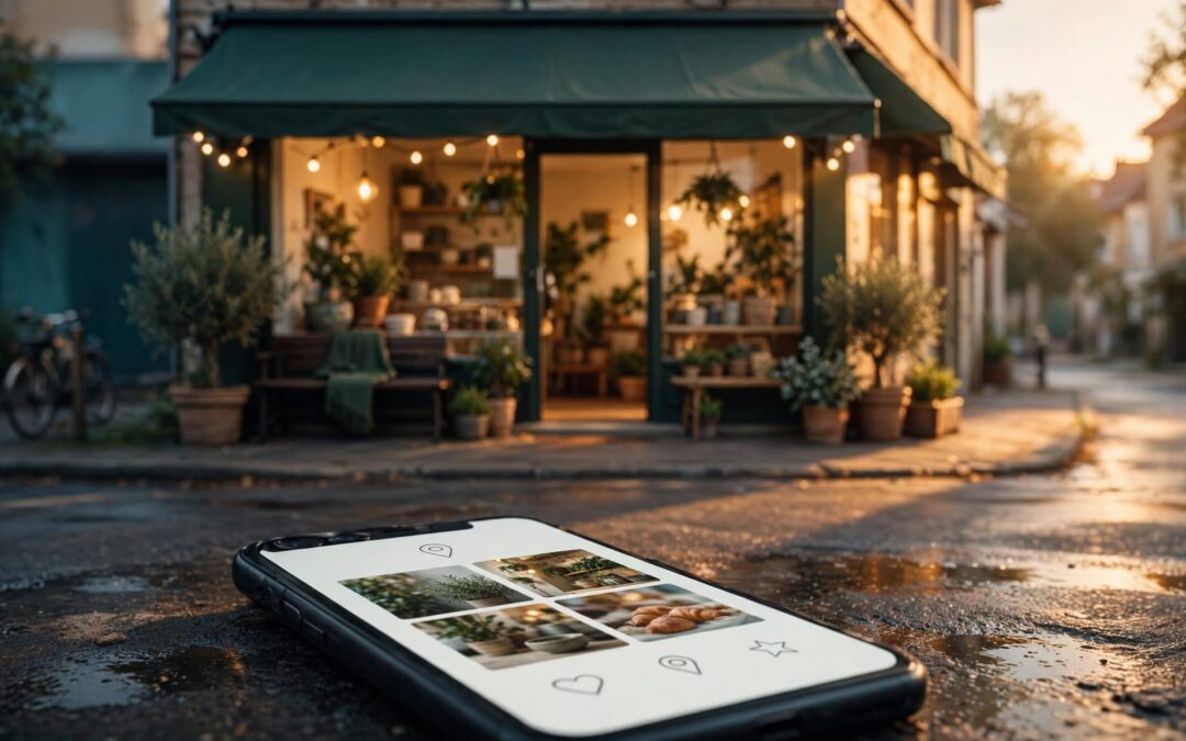 A warmly lit neighborhood shop behind a phone displaying a map pin and photo tiles.