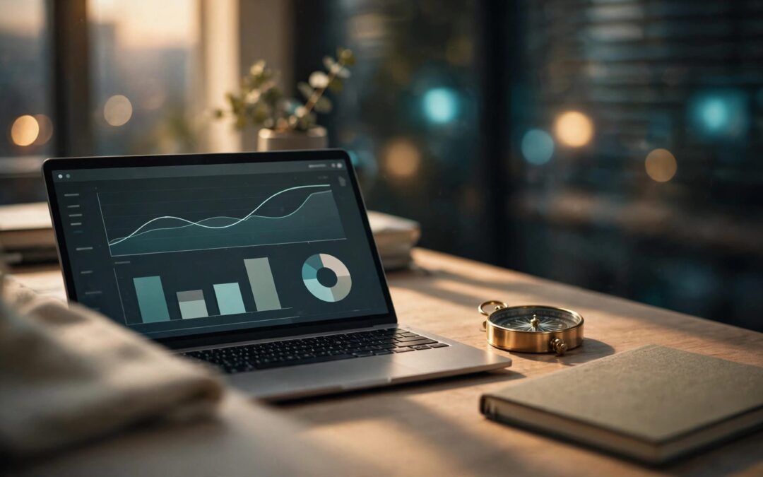 A laptop with simple graphs sits beside a compass and notebook, with blurred lights behind it.