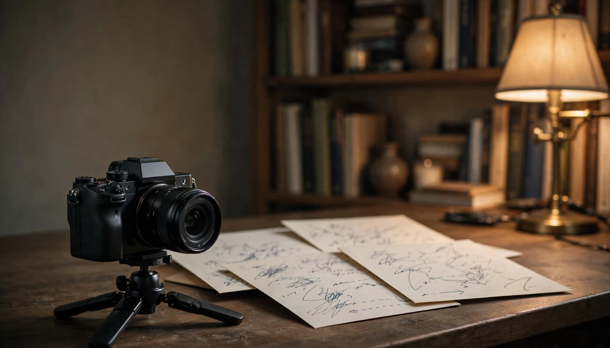 A camera on a mini tripod and handwritten planning notes sit on a wooden desk with a lamp and bookshelf in the background.