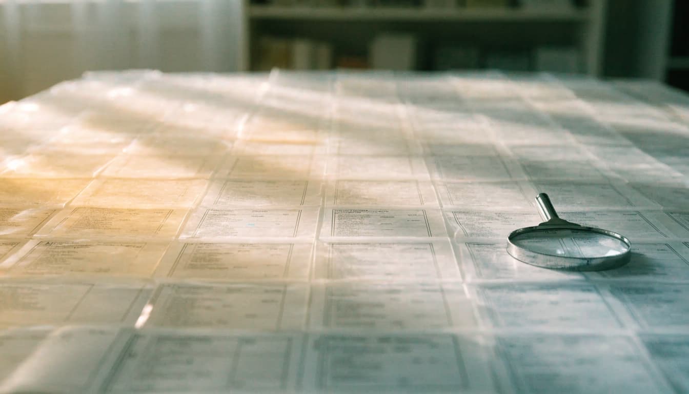 A magnifying glass rests on a grid of translucent paper documents on a table.