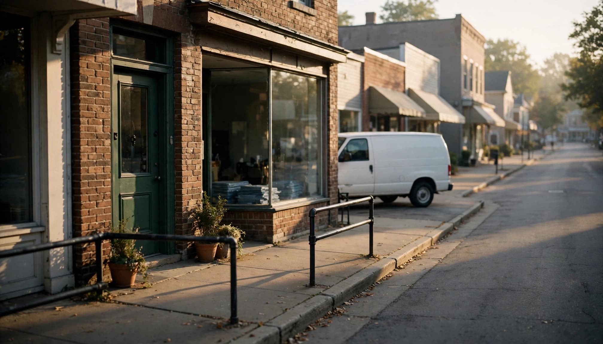 A home-services storefront with a parked van on a quiet neighborhood street.
