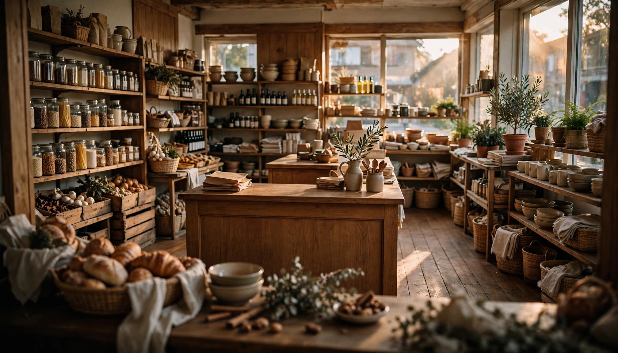 A warm, sunlit independent shop interior with wooden shelves, counters, and various jars and goods.