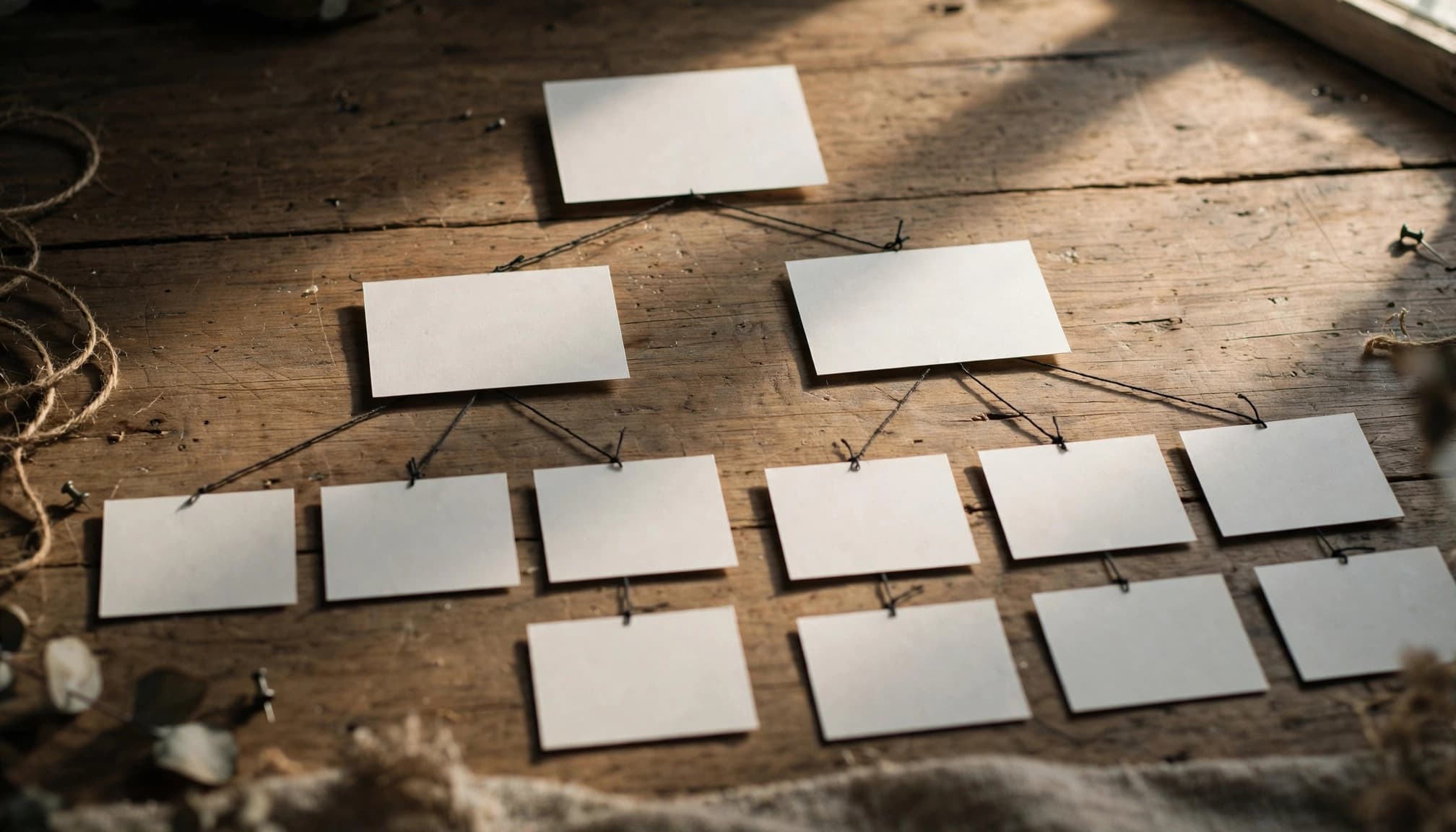 Blank white cards arranged in a flowchart hierarchy on a wooden table, connected by black threads.