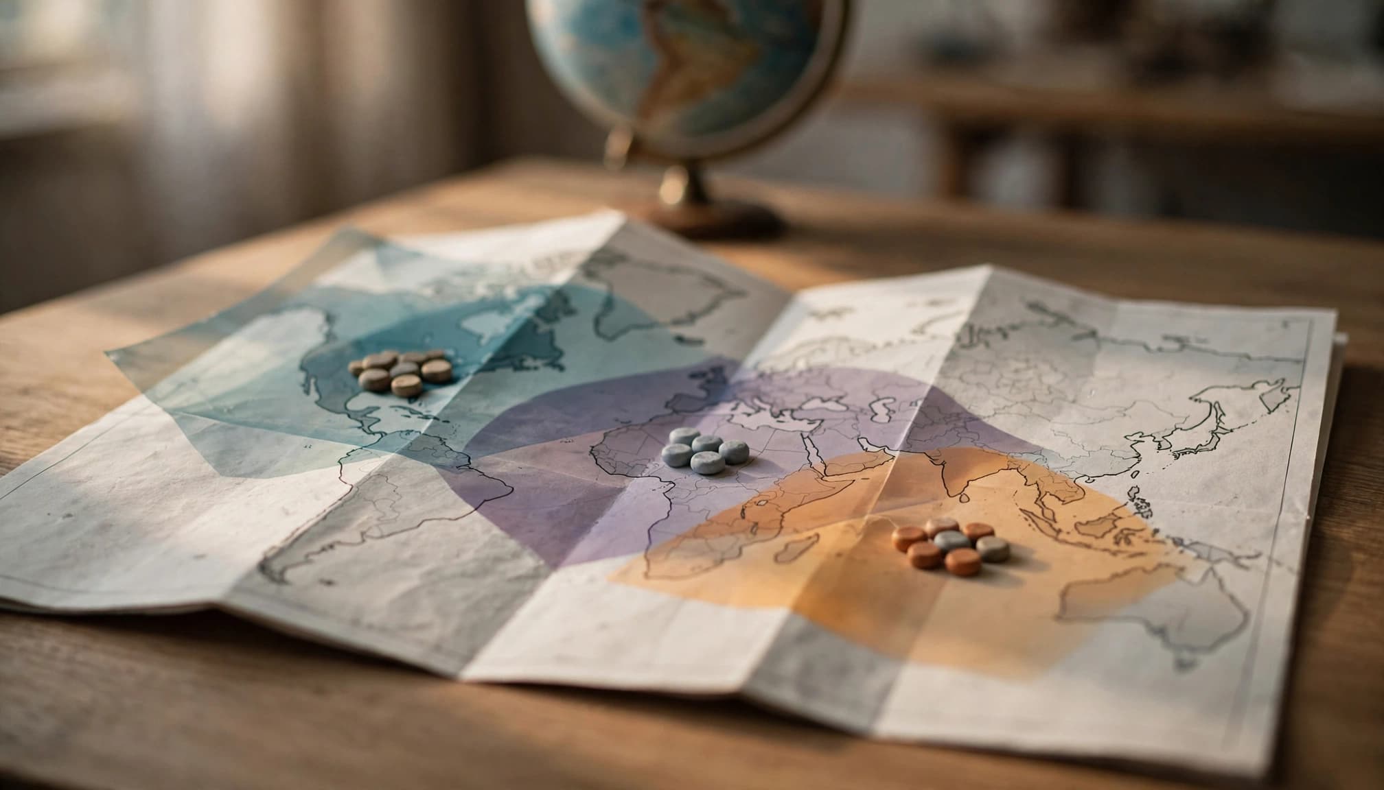 A folded world map on a wooden table with colored translucent overlays and token clusters.