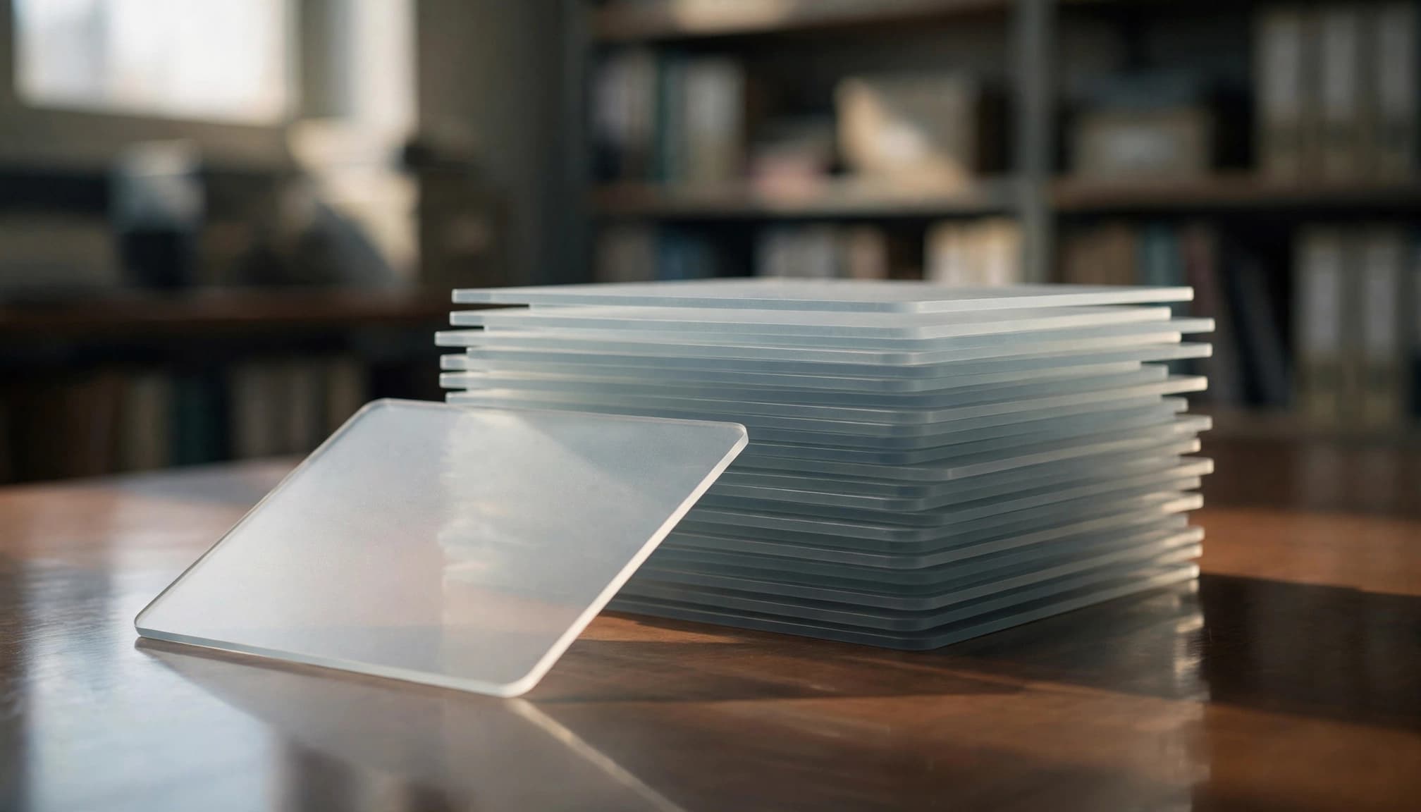 A stack of translucent glass cards on a wooden table with one card shifted forward.