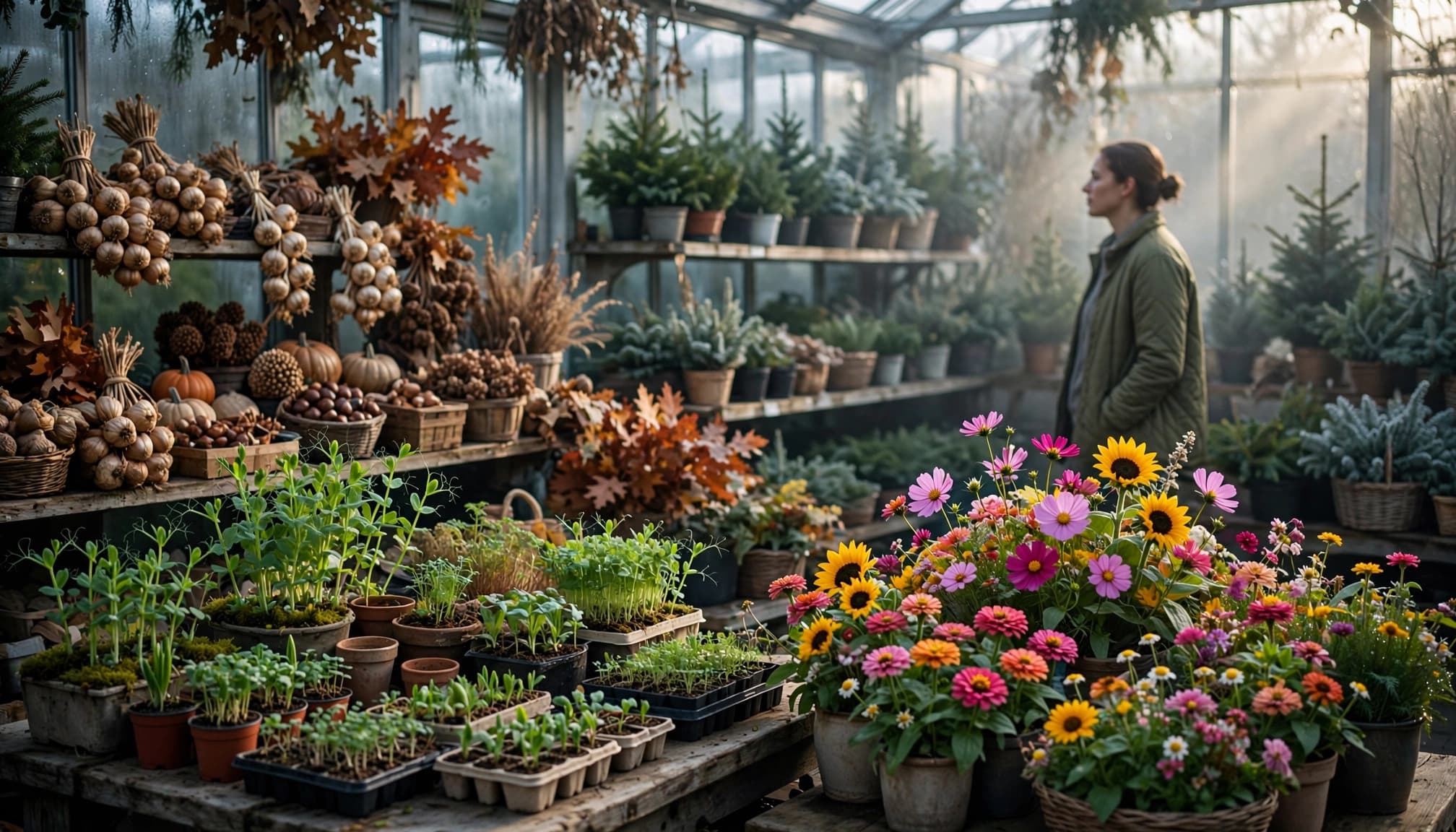 A person stands in a greenhouse filled with seasonal plants and flowers.