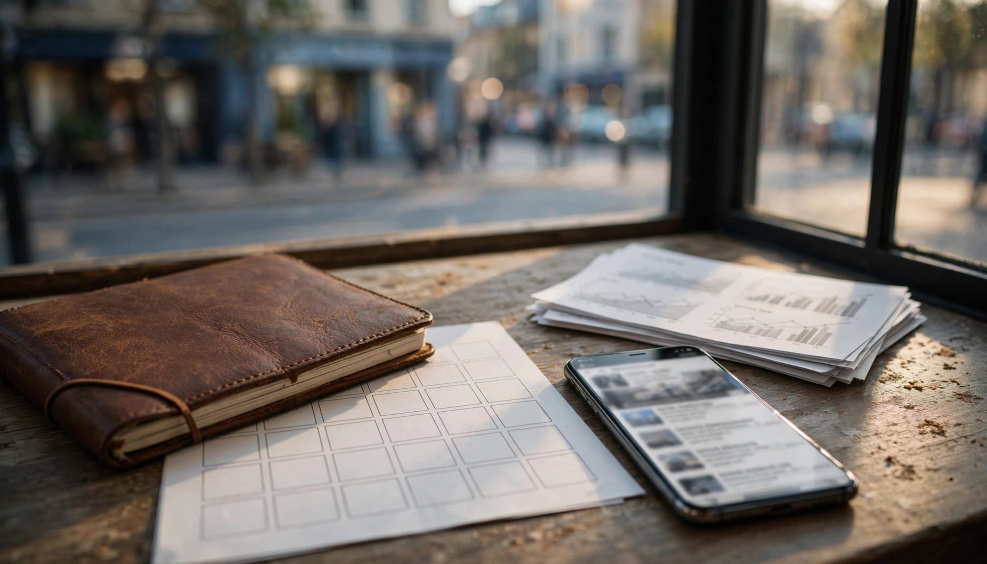 A notebook, phone, blank calendar, and printed charts rest on a cafe table by a window.
