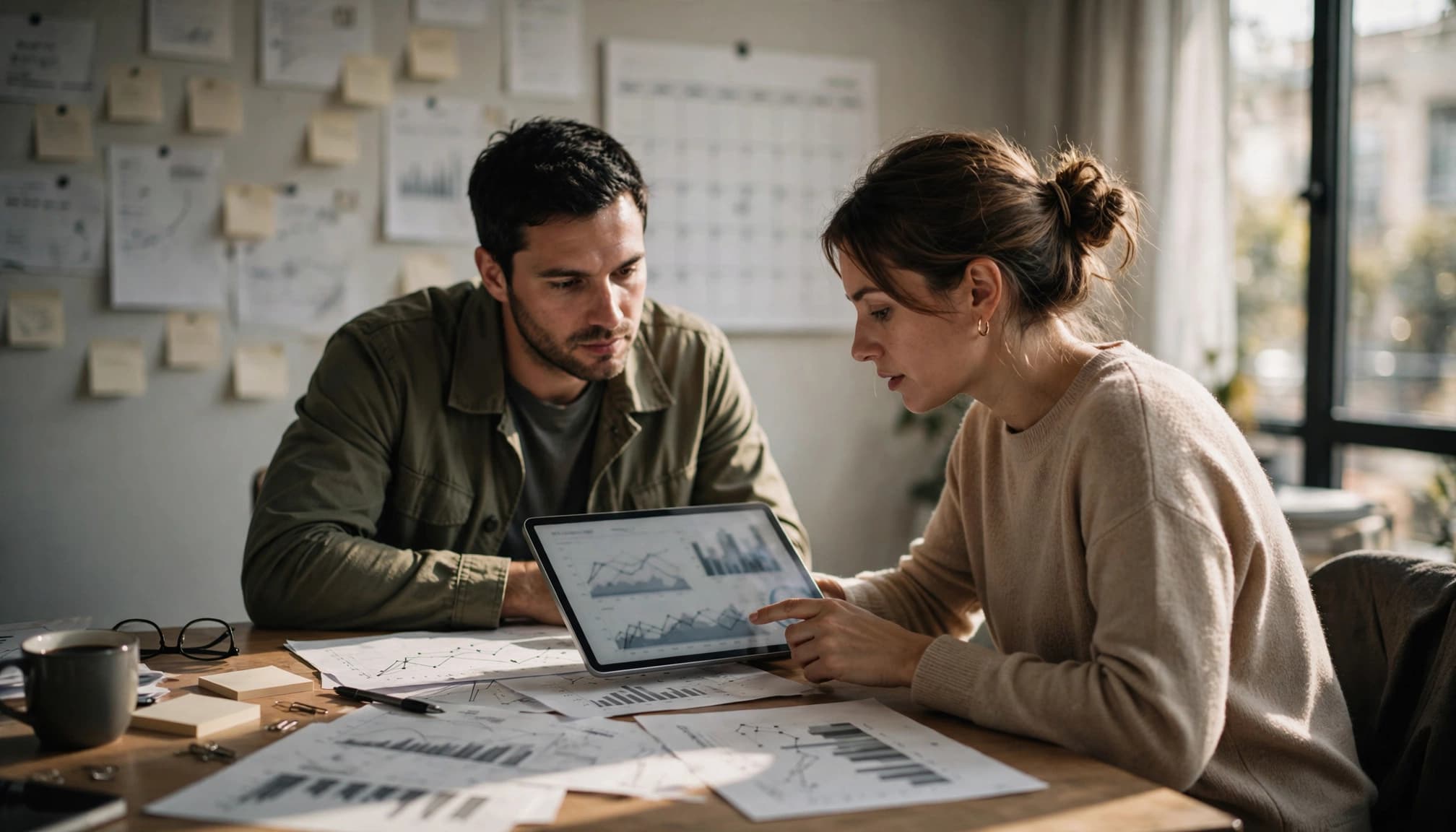 Two colleagues review printed charts and a tablet in an agency workspace.