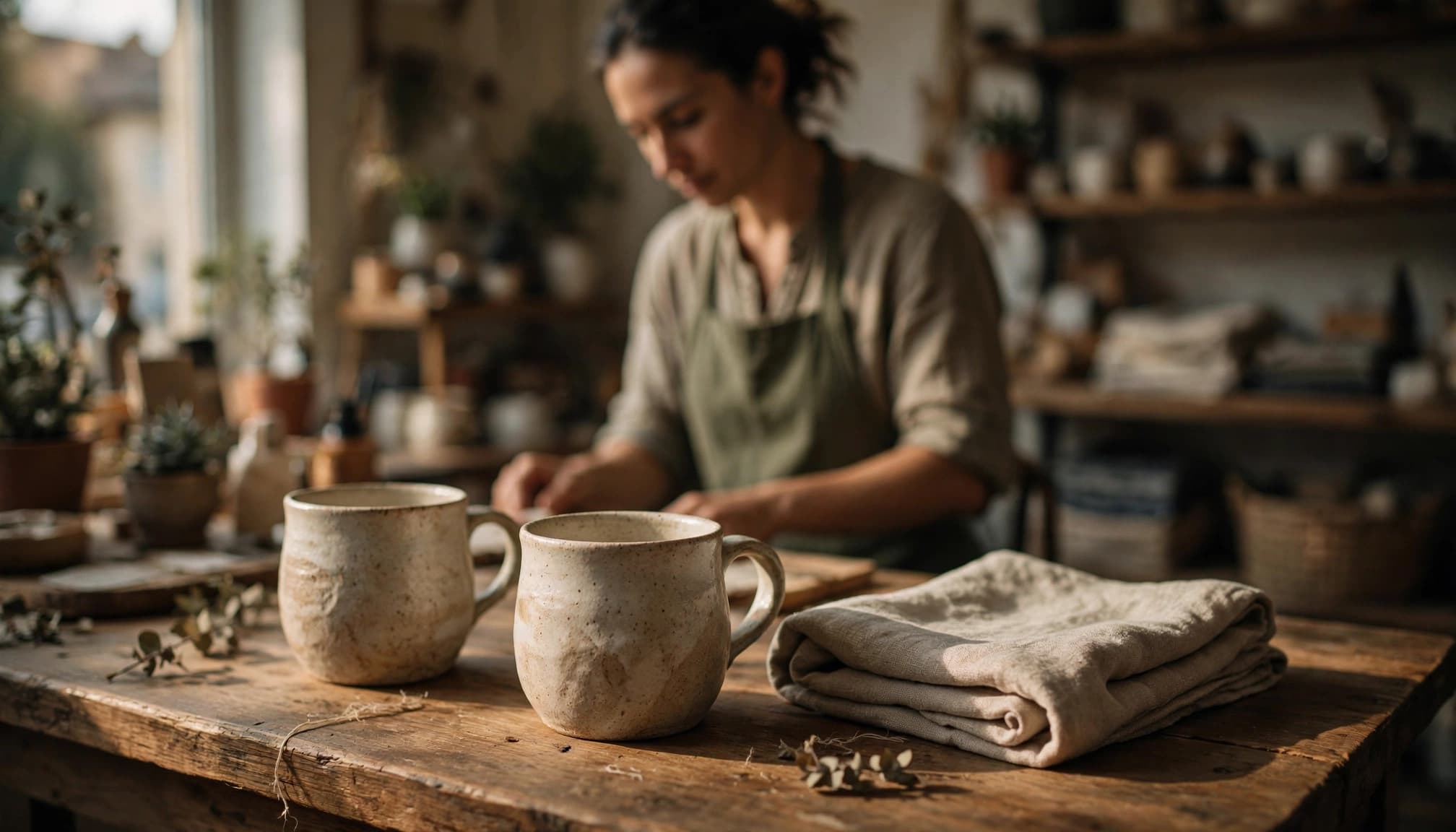 Two ceramic mugs and a folded linen towel on a wooden table in a shop, with a person working in the background.