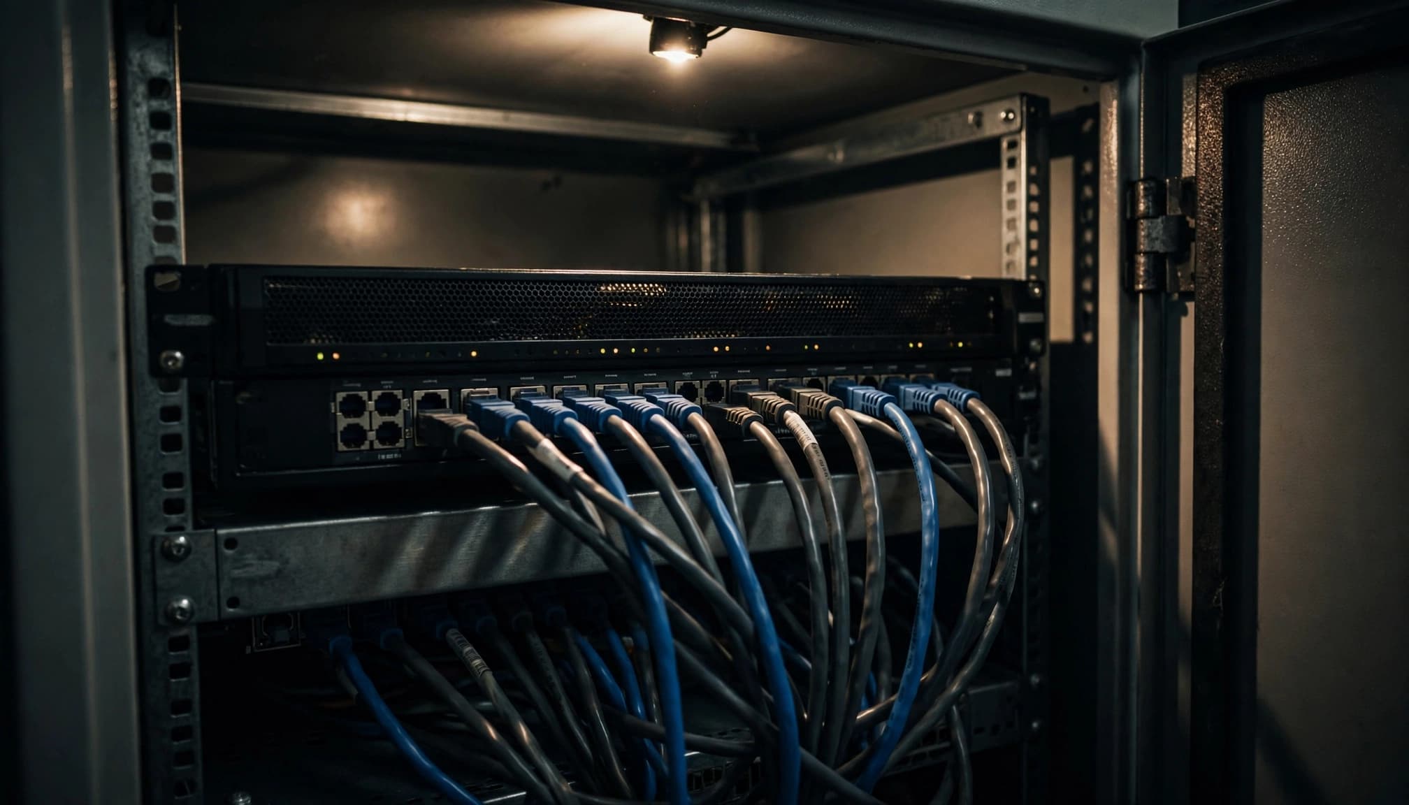 A network firewall appliance in a server rack connected with blue and grey ethernet cables.