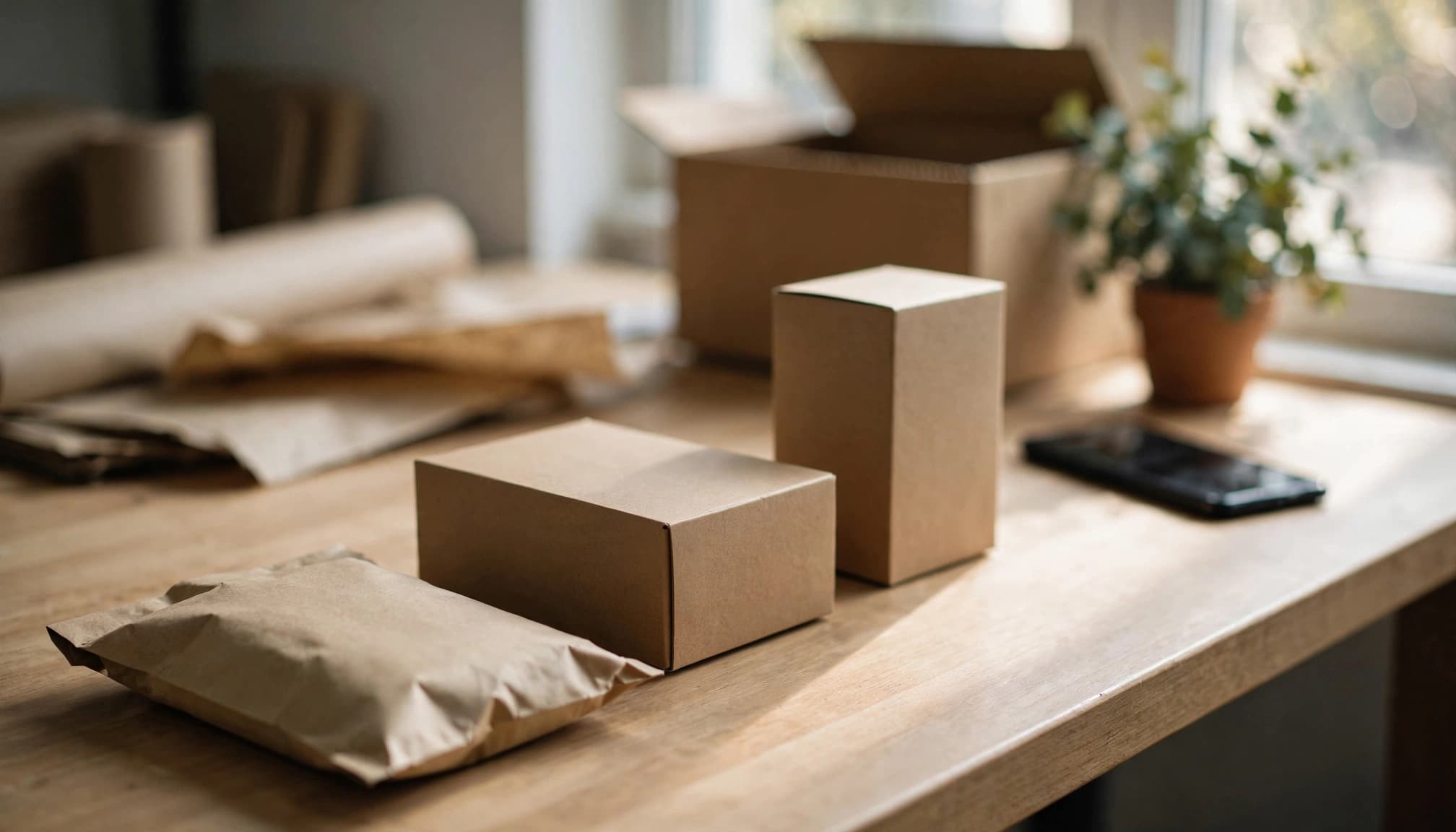 Brown product packages and a smartphone on a wooden counter with packing materials and a potted plant in the background.