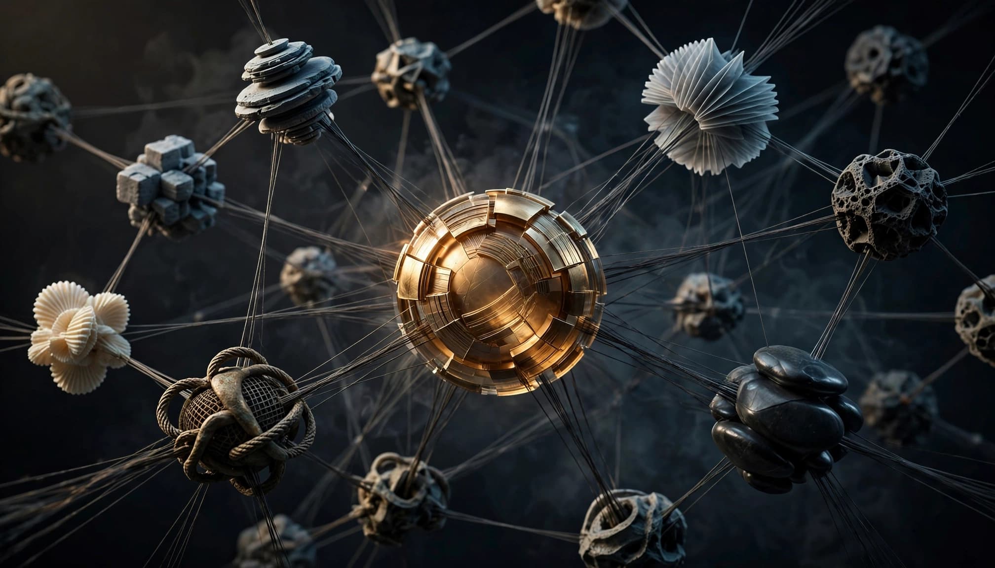 A golden central sphere connected by fine threads to various sculptural nodes on a dark background.